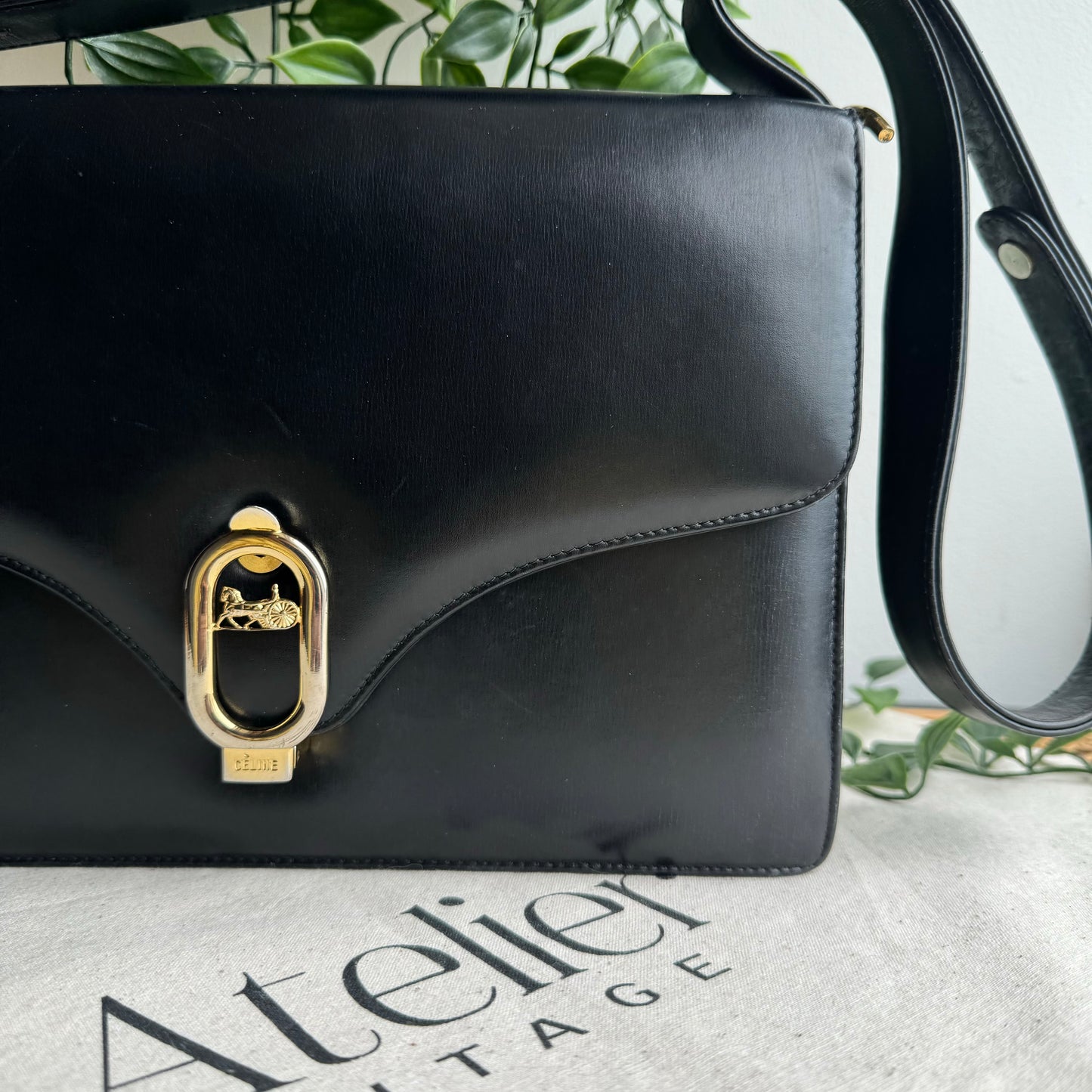 Celine 1980s Vintage Black Carriage Shoulder Bag