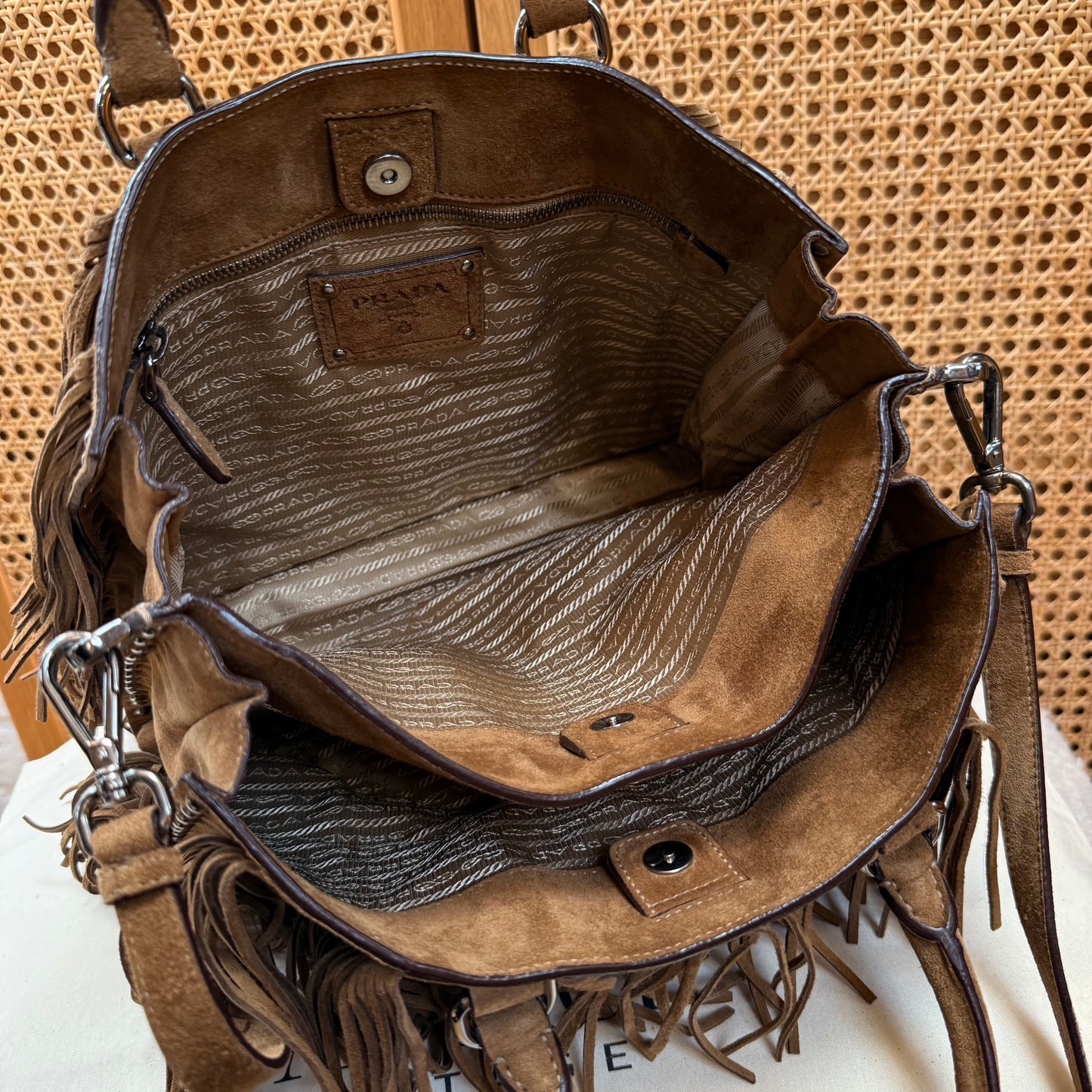 Prada Saffiano Two Way Suede Fringed tote