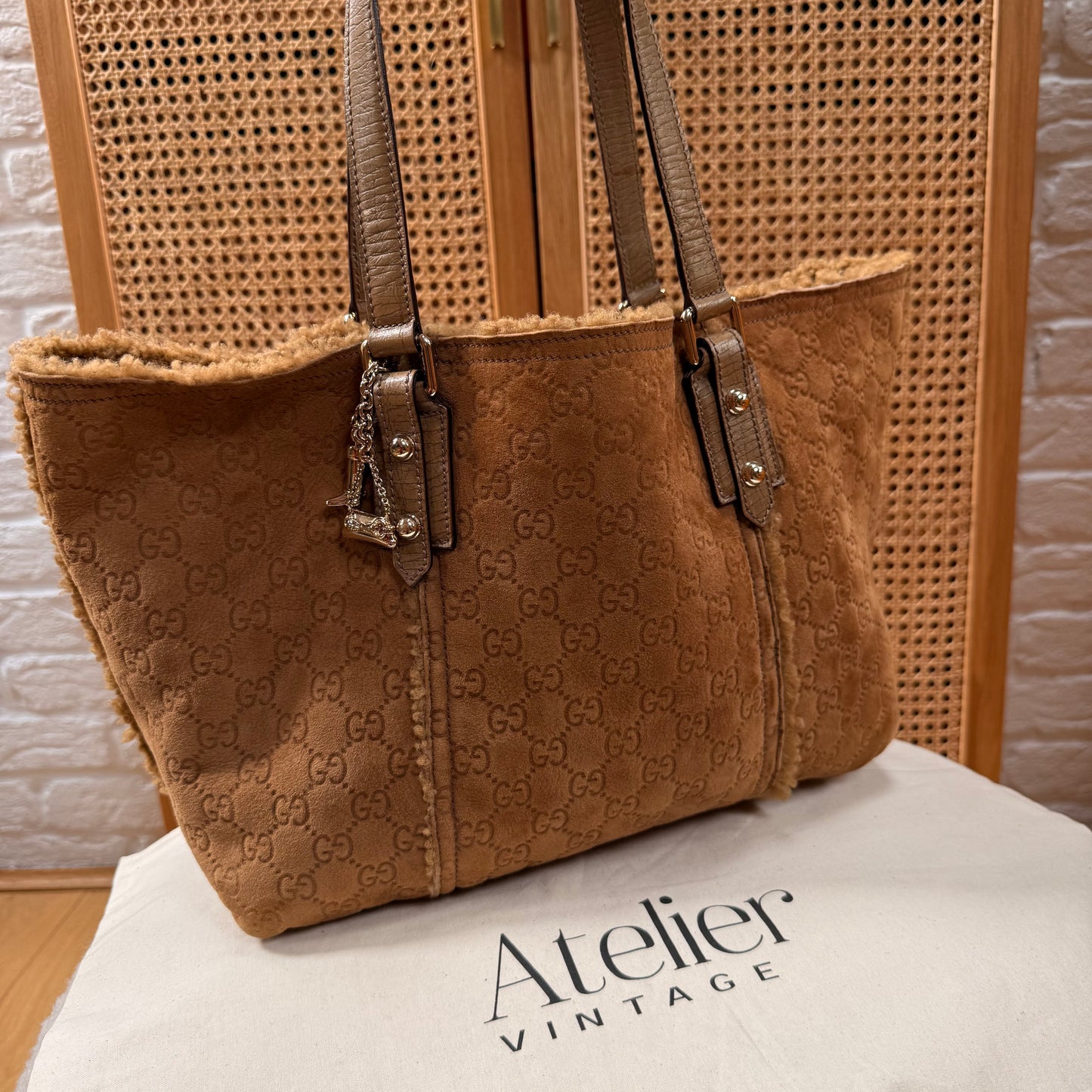 Gucci 2004 GG Monogram Sheepskin Shearling Iconic Charm Tote