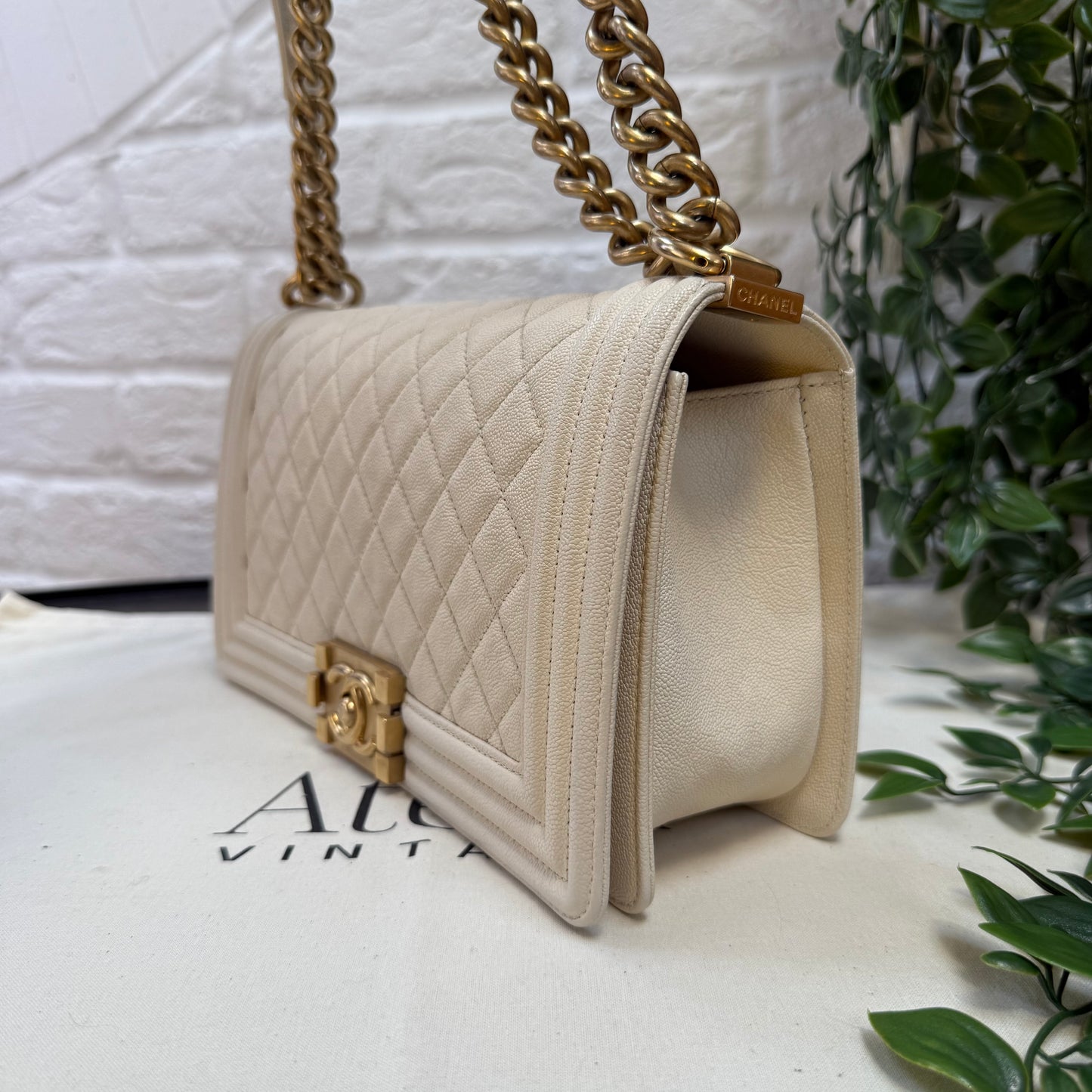 Chanel 2019 Rare Le Boy Ivory Beige Caviar Leather in Diamond Quilt
