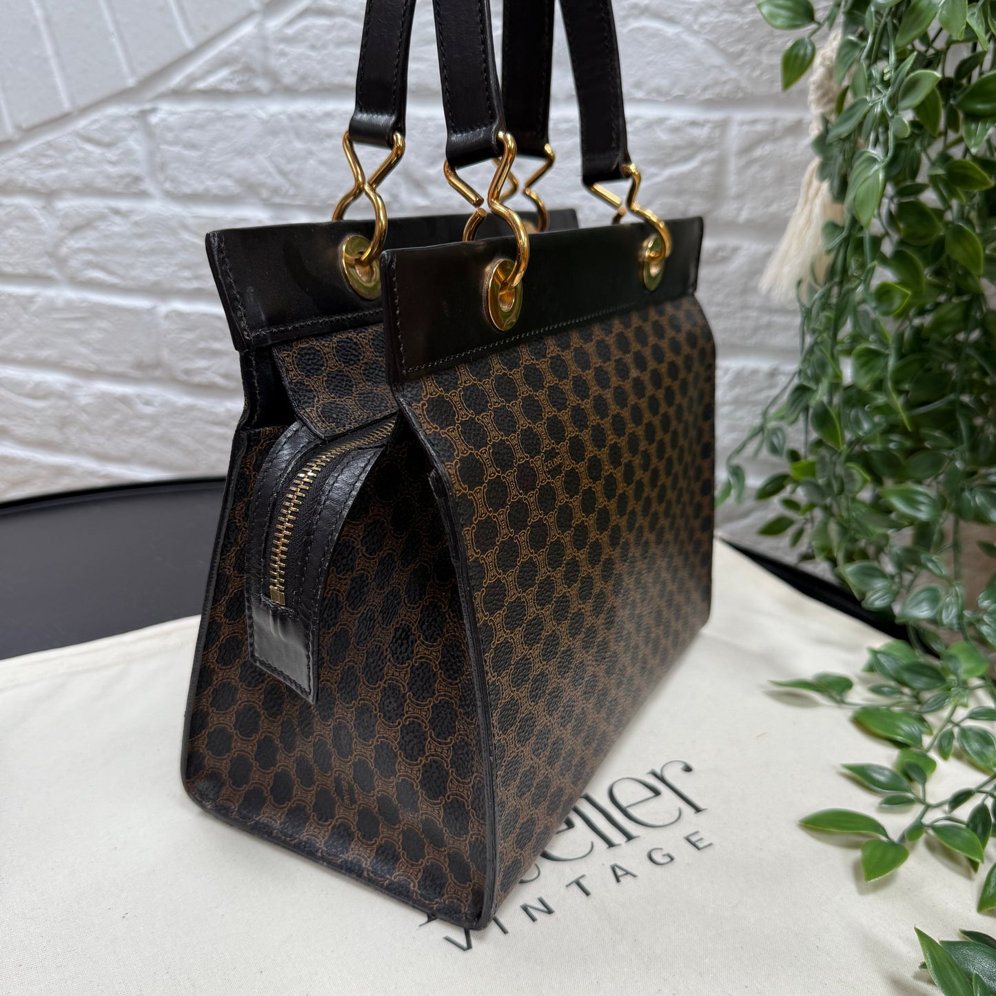 Celine 1980s Dark Macadam Zip Top Mini Tote