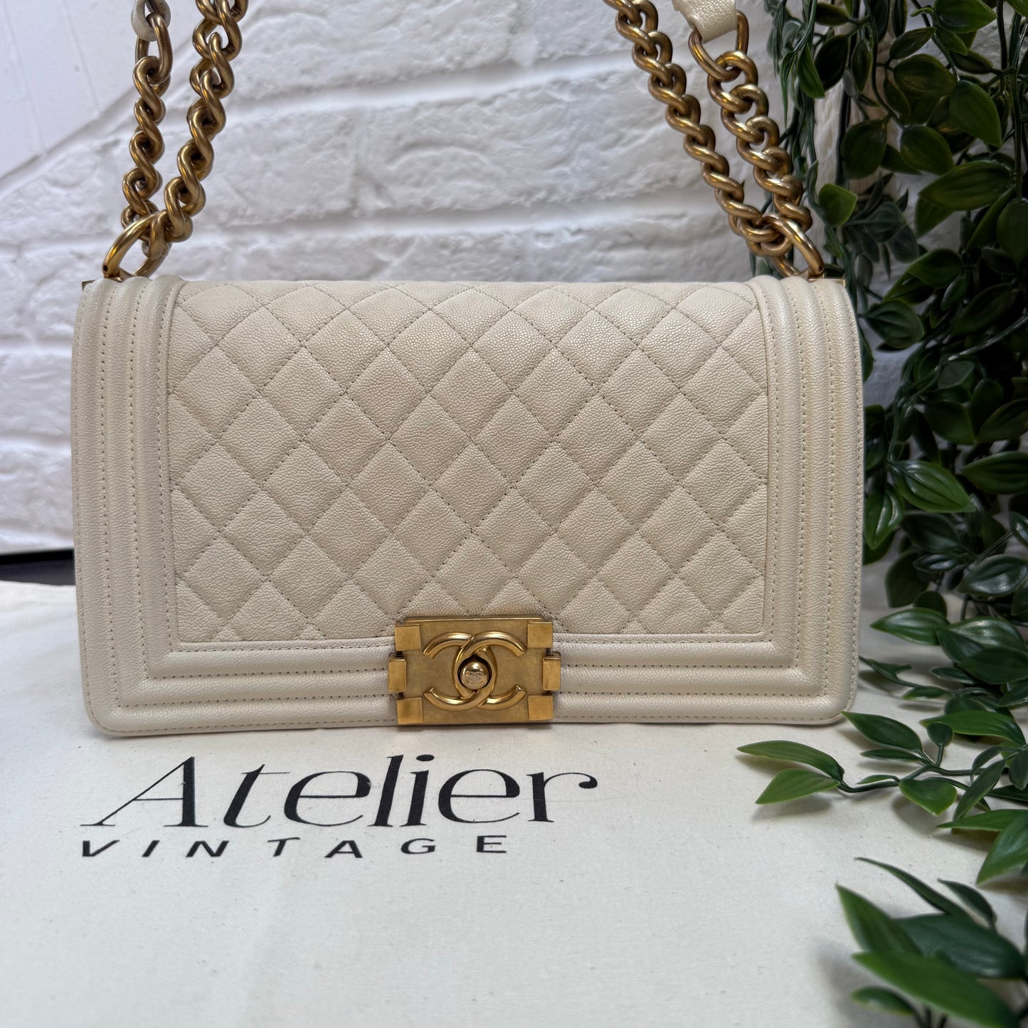 Chanel 2019 Rare Le Boy Ivory Beige Caviar Leather in Diamond Quilt