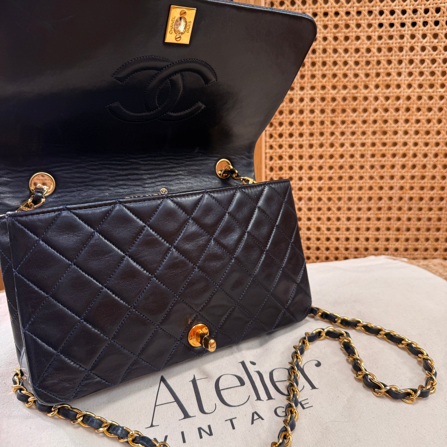 Chanel 1989 Rare Navy Classic Medium Rectangle Full Flap