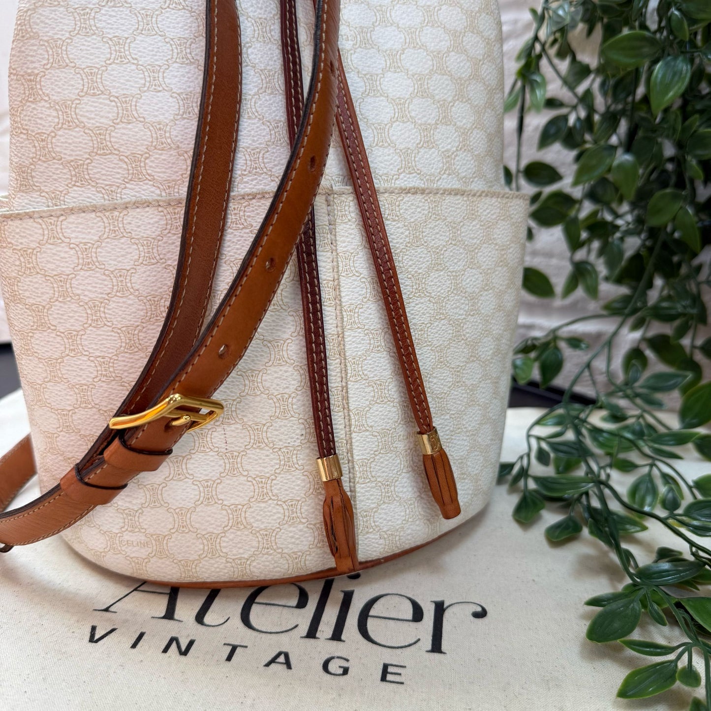 Celine 1990s Beige Macadam Bucket Bag