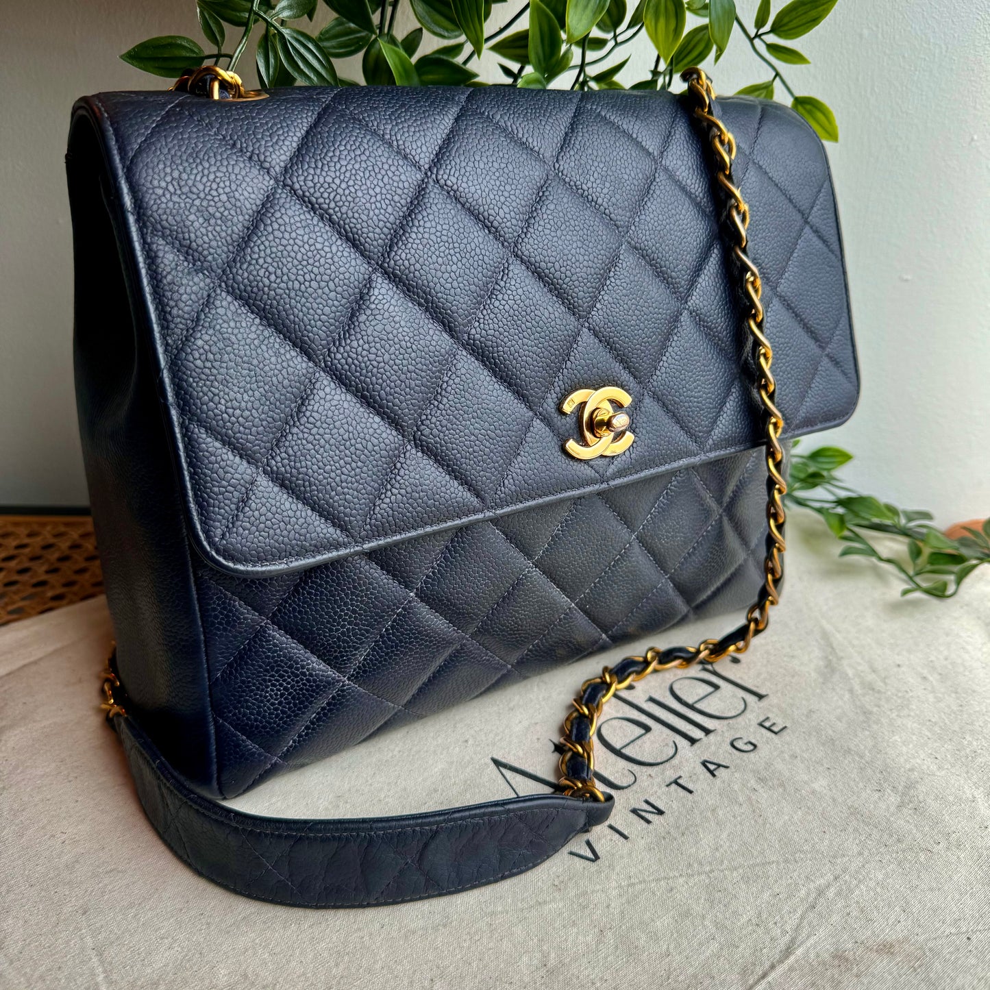 Chanel 1994 Navy Caviar Leather Large Square Single Flap