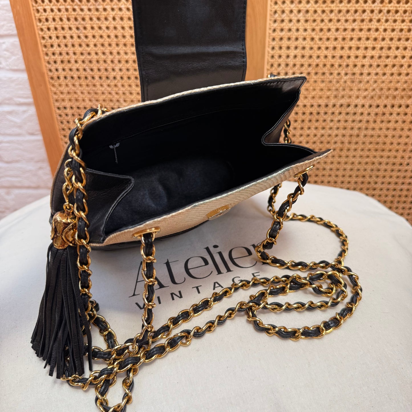 Chanel 1989 Rare Raffia & Leather Tassel Two Way Bag