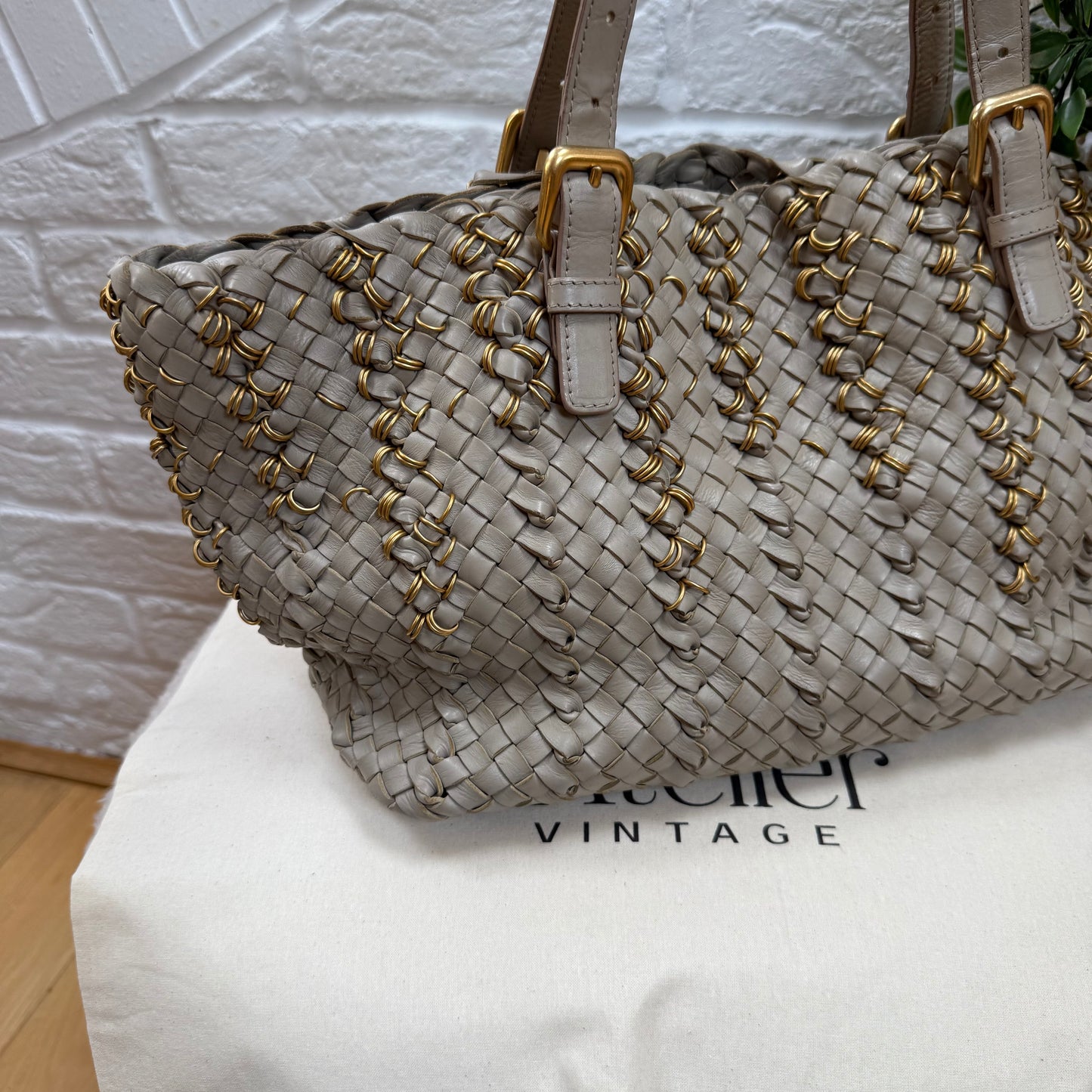 Bottega Veneta Lido Taupe & Gold ring tote
