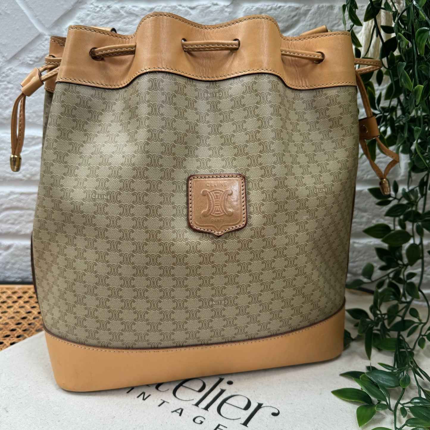 Celine Beige Macadam Bucket Bag with Pouch