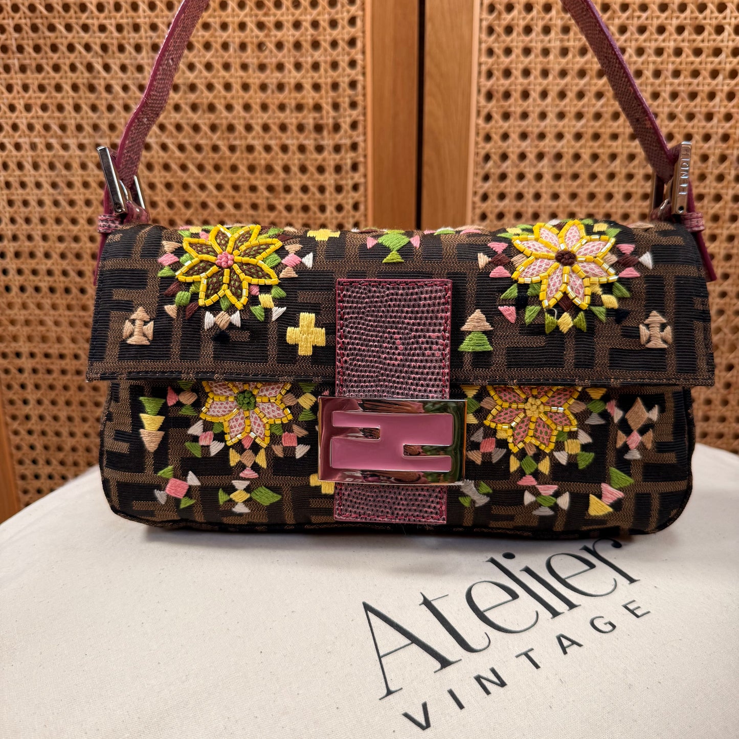 Fendi 2004 Rare Baguette Embroidered Zucca Print - Limited Edition glass bead and embroidered with exotic leather