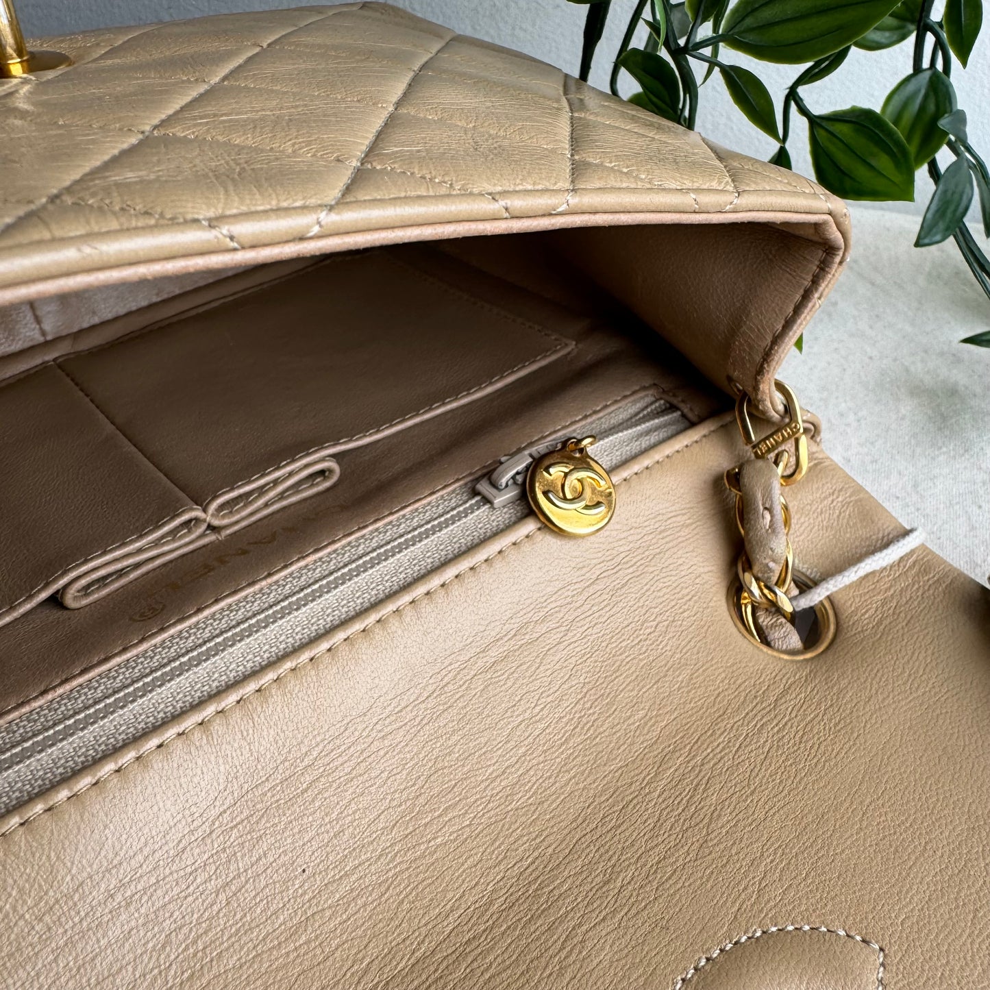 Chanel 1989 Beige Square Classic Single Flap Medium