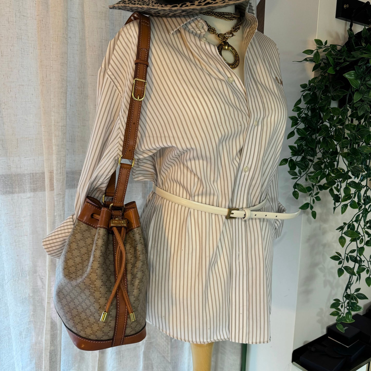 Celine Beige Macadam Bucket Bag with Pouch