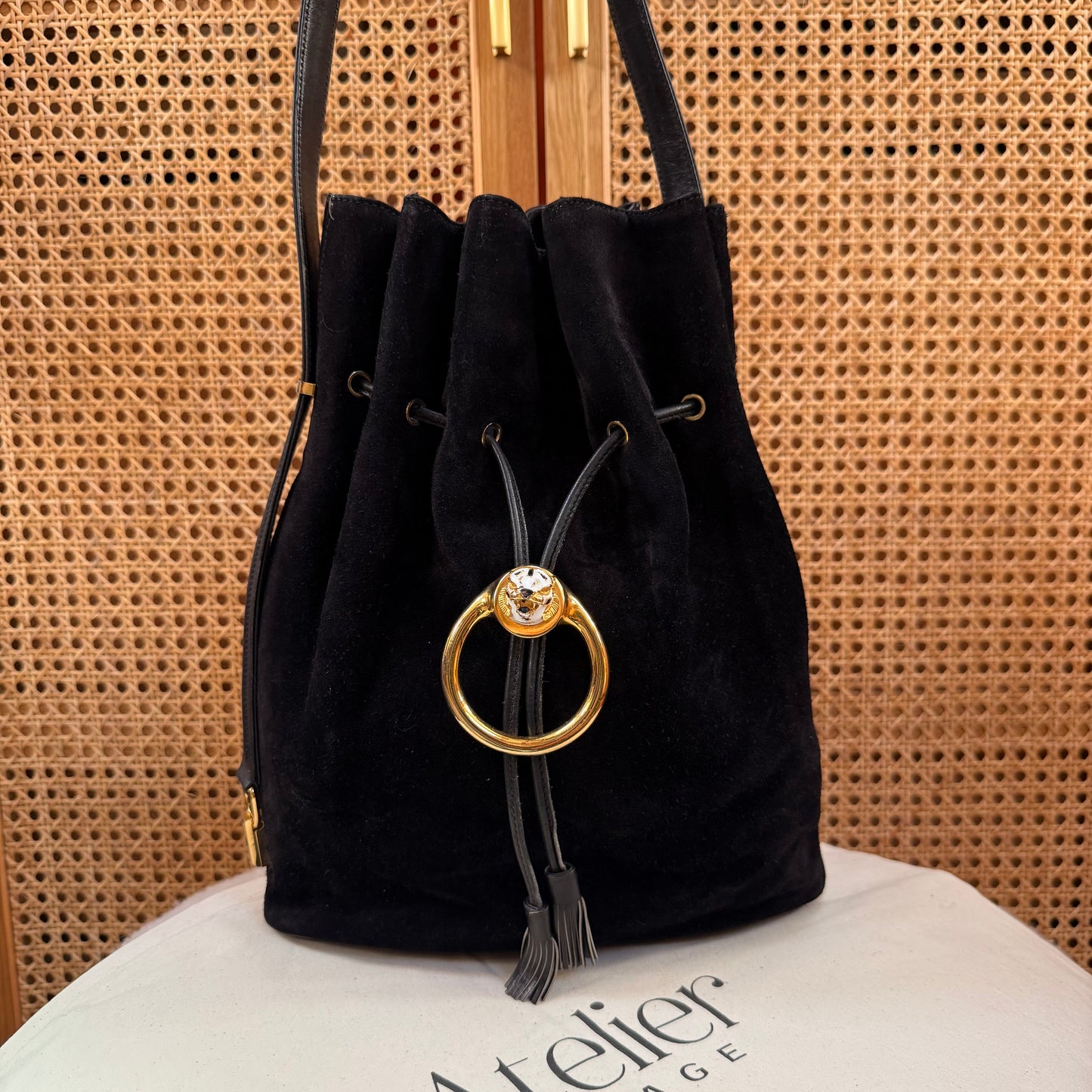 Gucci 1990s Rare Enamel Leopard Suede Bucket Bag