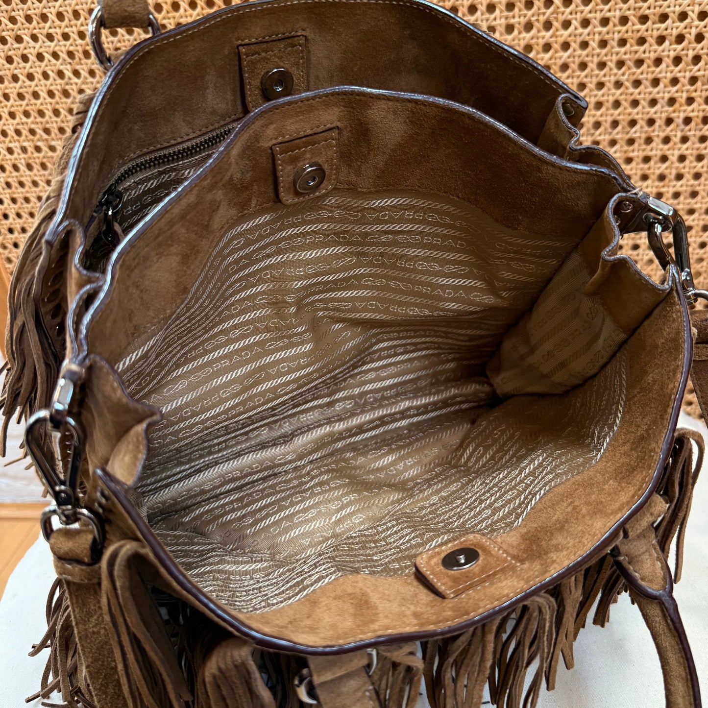 Prada Saffiano Two Way Suede Fringed tote