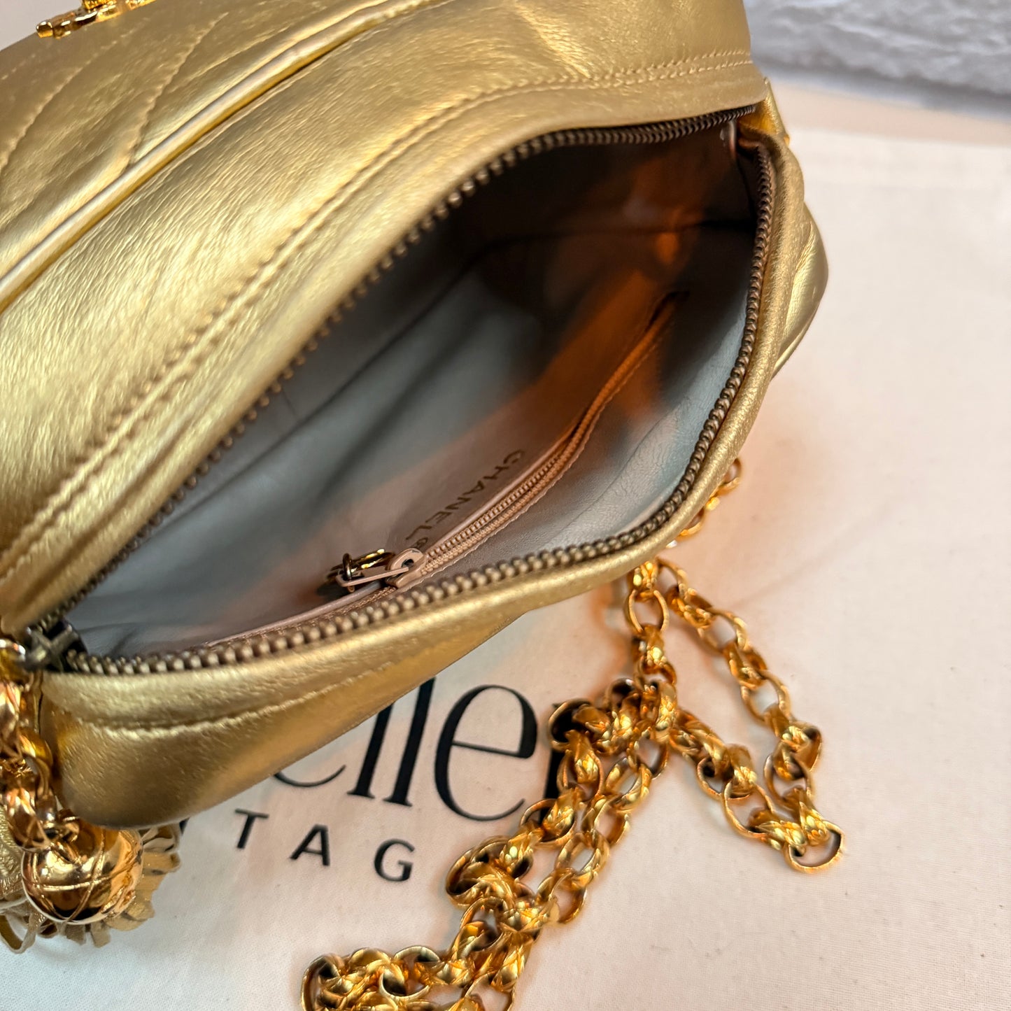 Chanel 1991 Ultra Rare Chevron Quilted Turnlock Camera Bag in Gold Lambskin Leather with 24k gold hardware