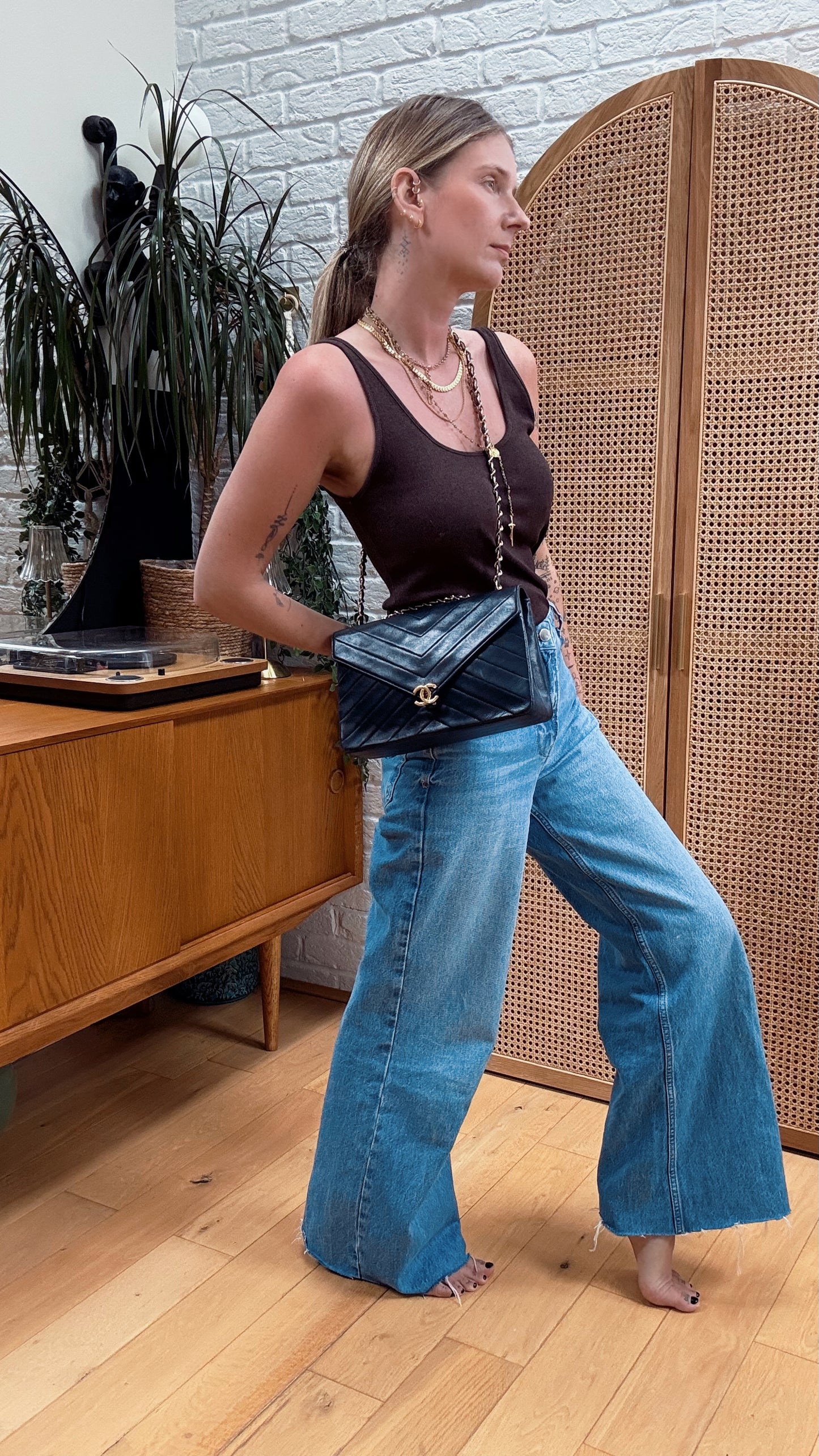 Chanel 1986 Navy Chevron CC Clasp Chevron