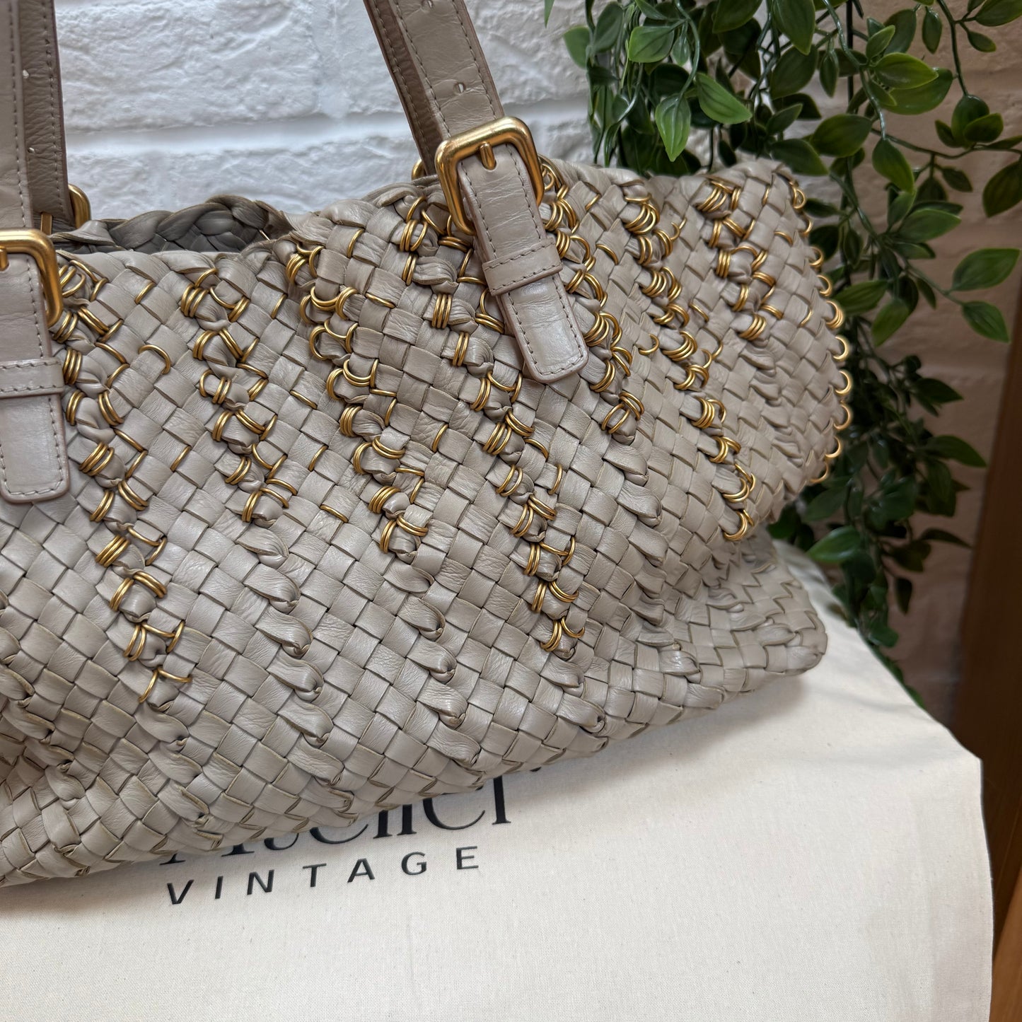 Bottega Veneta Lido Taupe & Gold ring tote