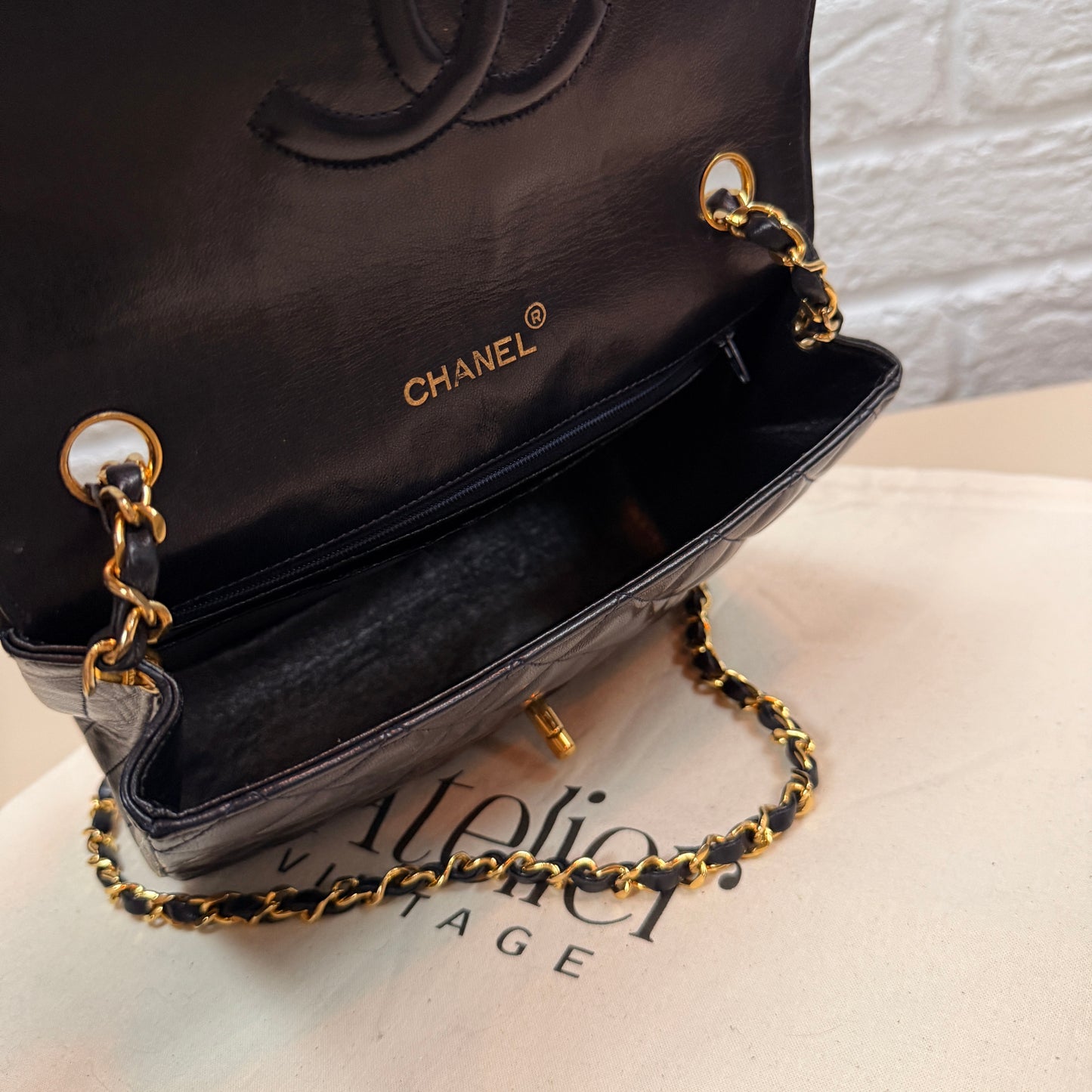 Chanel 1986 Rare Navy Lambskin Half Moon Single Flap with 24k Gold Hardware