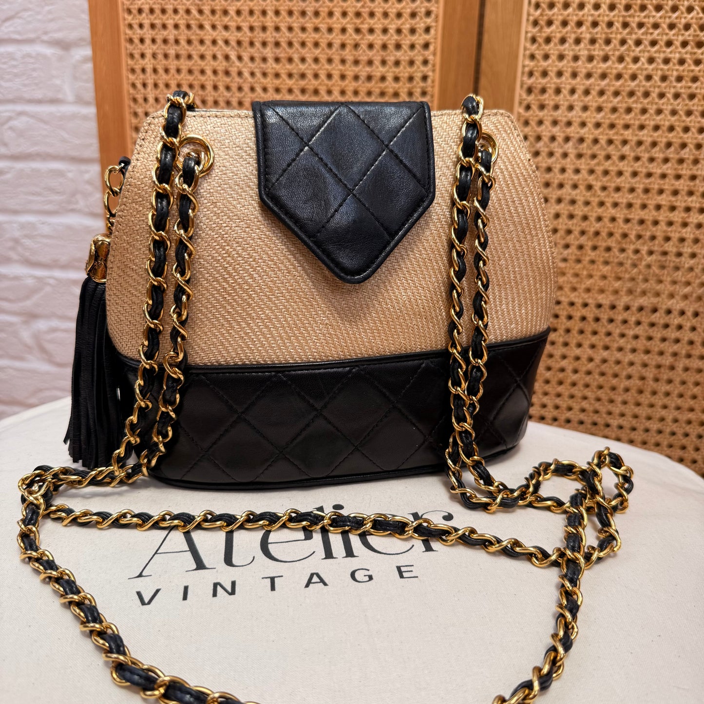 Chanel 1989 Rare Raffia & Leather Tassel Two Way Bag
