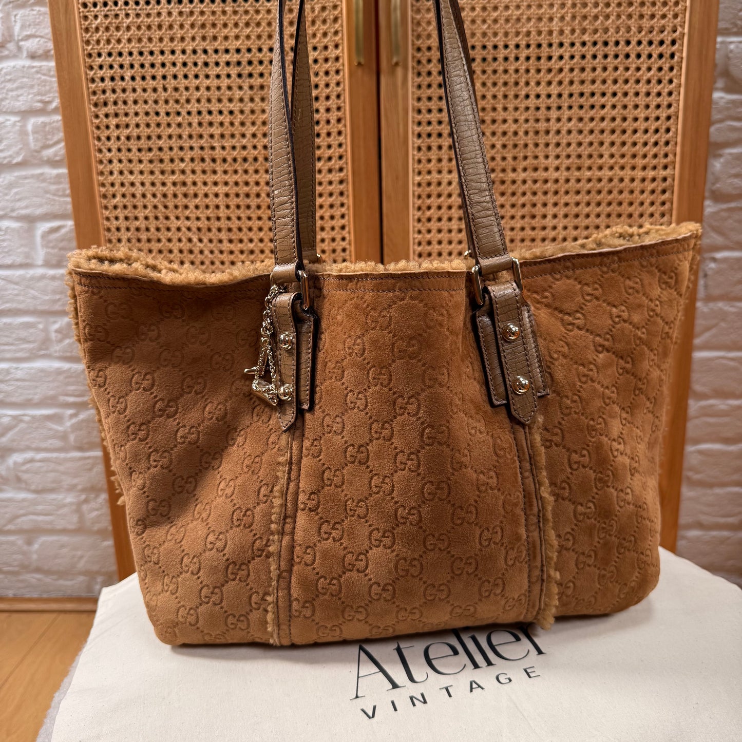 Gucci 2004 GG Monogram Sheepskin Shearling Iconic Charm Tote