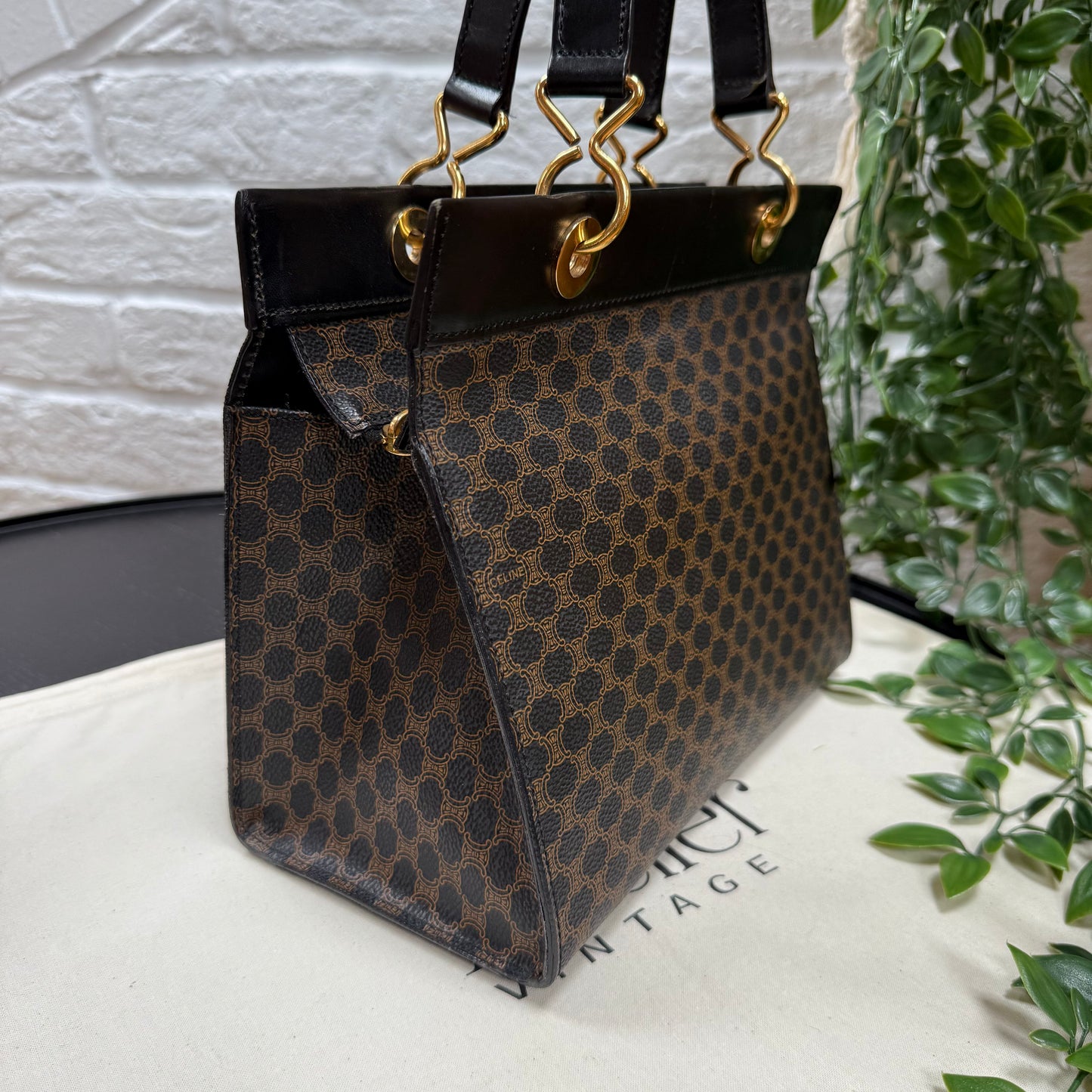 Celine 1980s Dark Macadam Zip Top Mini Tote