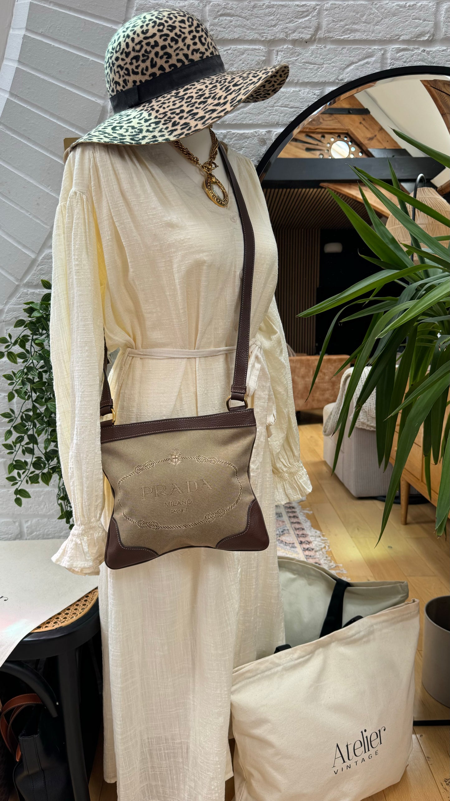 Prada Jacquard Brown/Beige Cross Body Messenger Bag