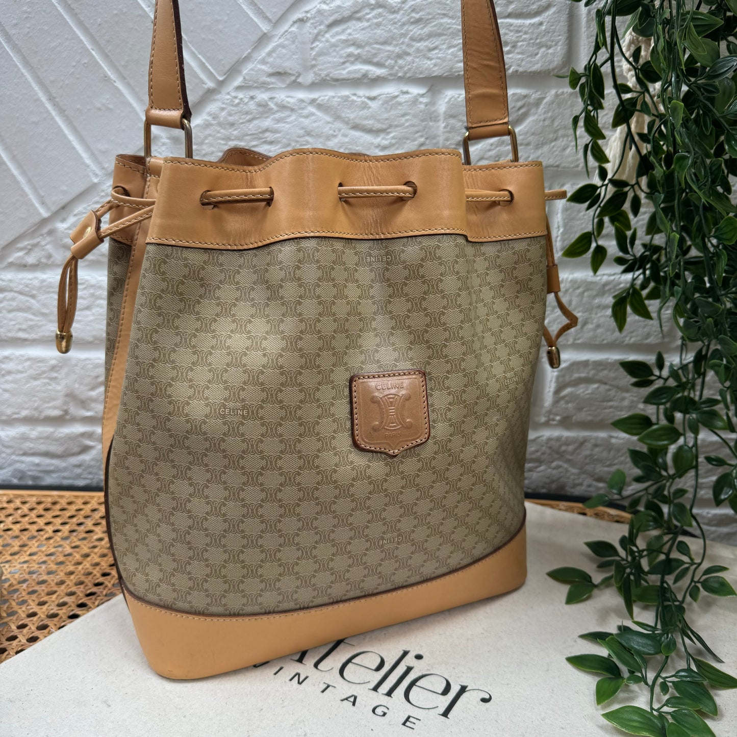 Celine Beige Macadam Bucket Bag with Pouch