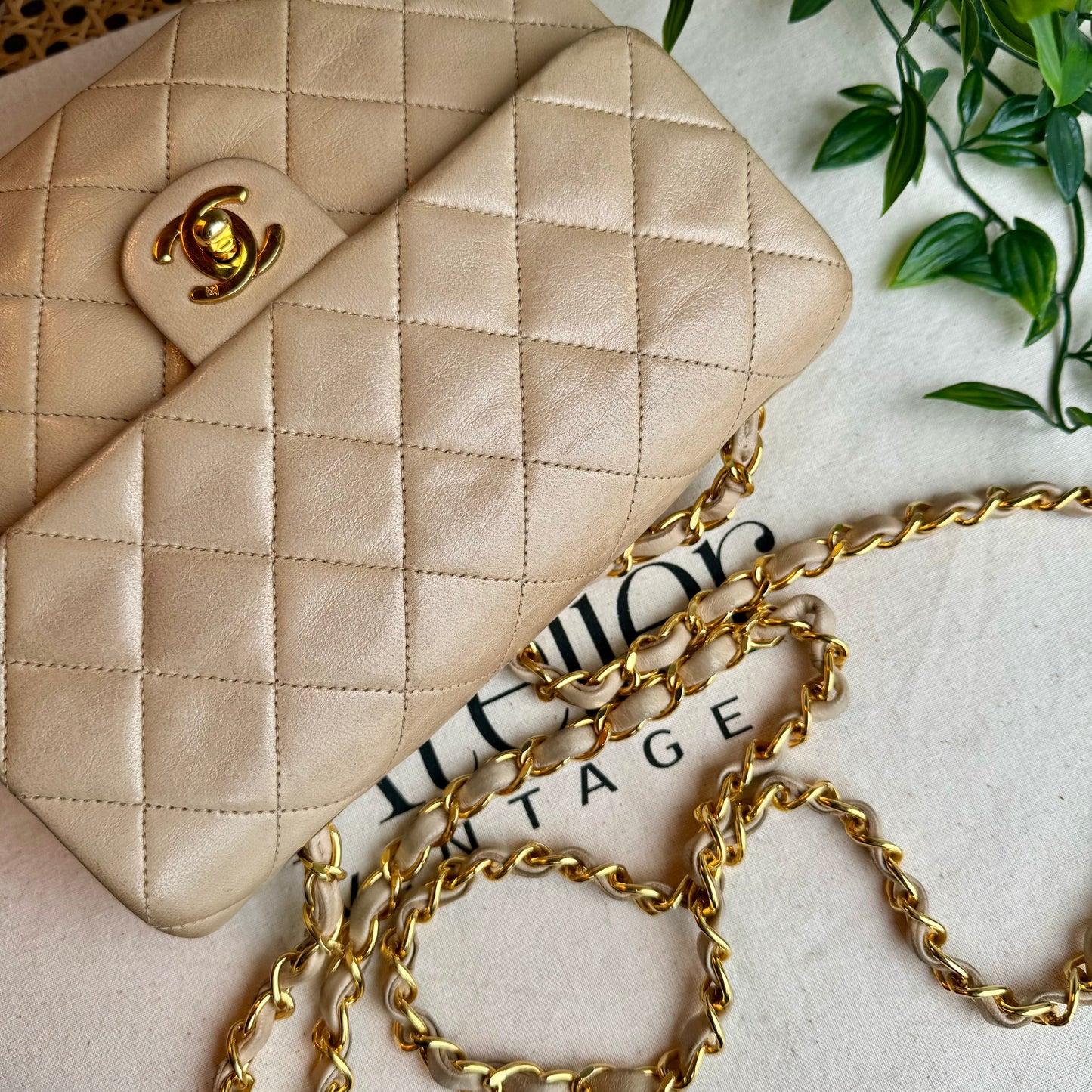 Chanel 1991 Beige Square Classic Single Flap Medium