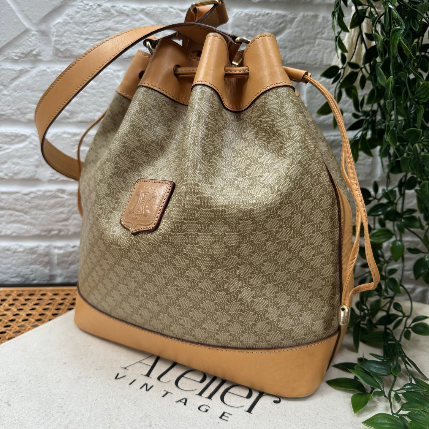 Celine Beige Macadam Bucket Bag with Pouch