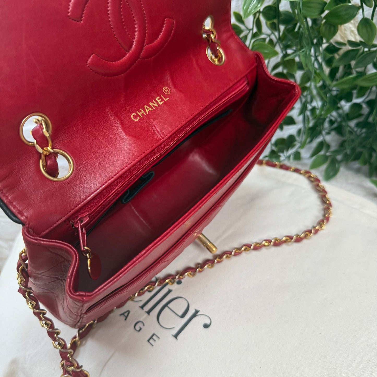 Chanel 1989 Rare Red with navy piping 25cm Square single flap