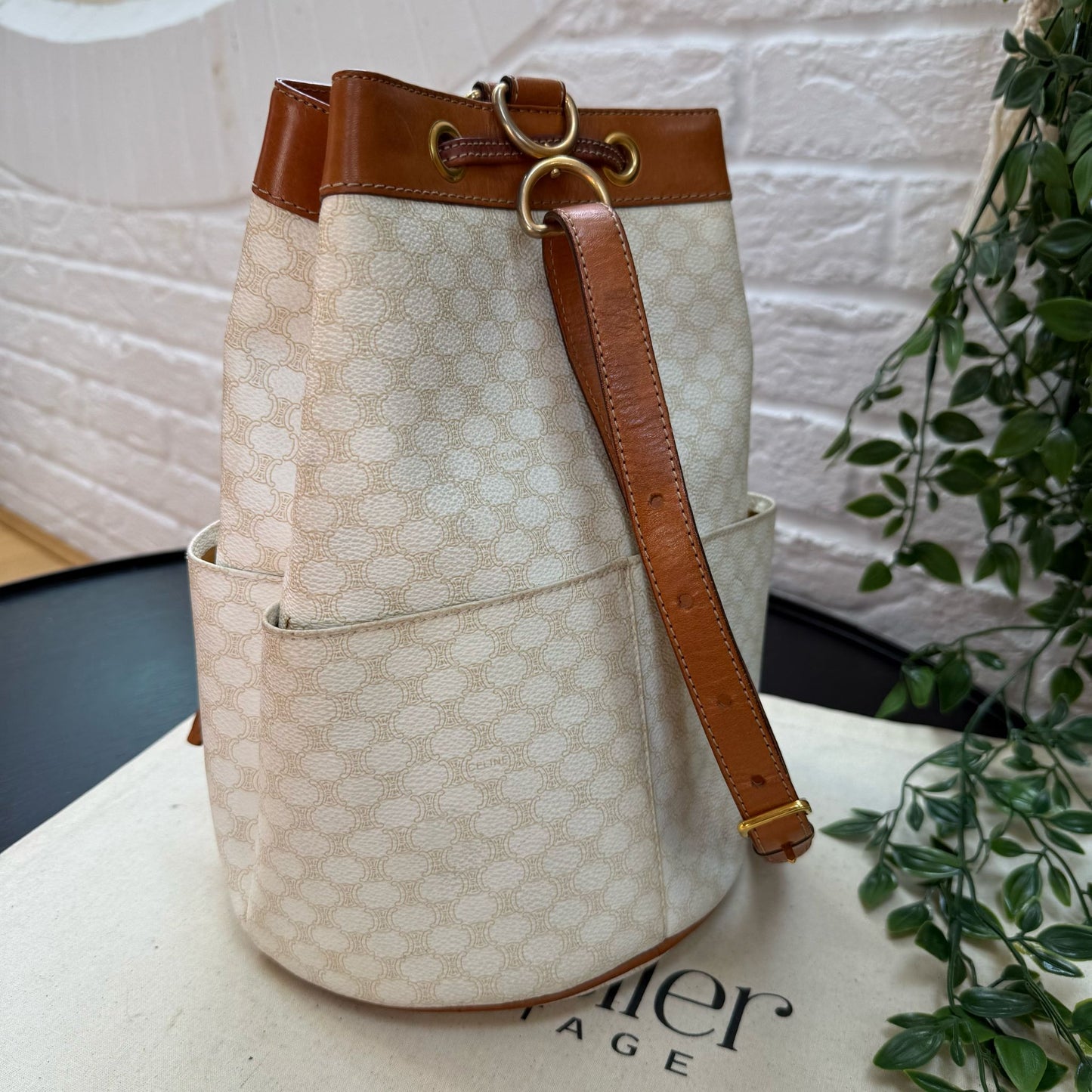 Celine 1990s Beige Macadam Bucket Bag