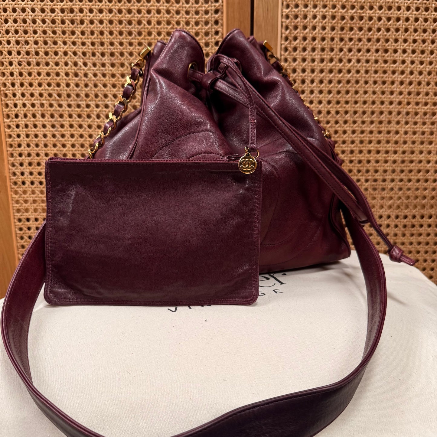Chanel 1993 Rare Bordeaux Bucket Bag with Pouch