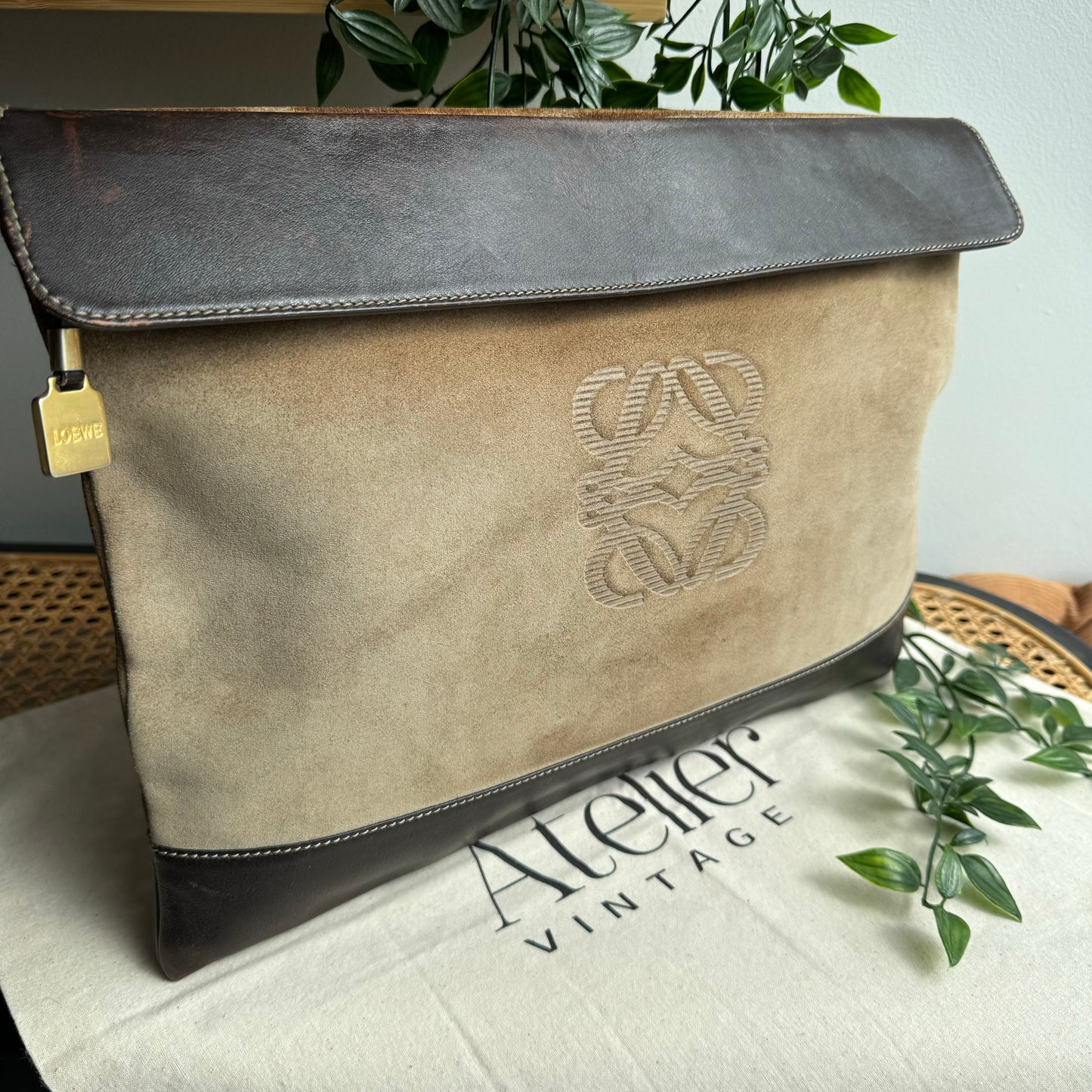 Loewe 1990s Anagram Suede & Leather Clutch/Pouch