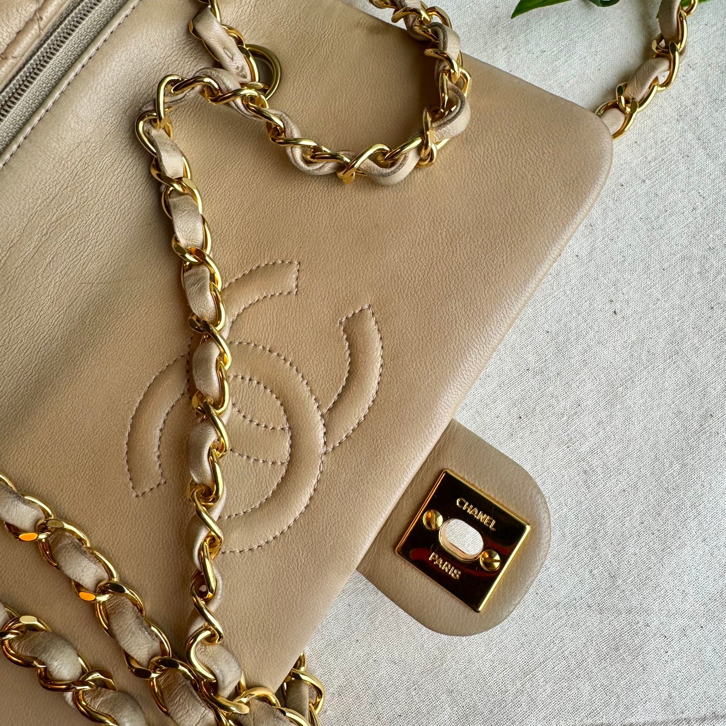 Chanel 1991 Beige Square Classic Single Flap Medium