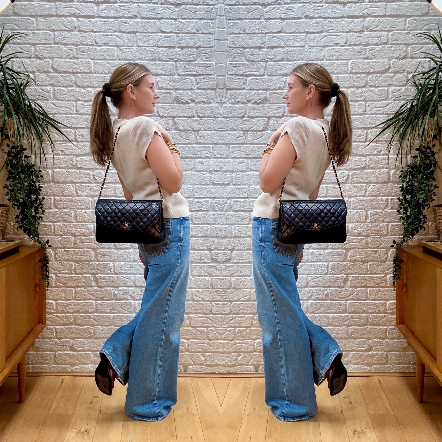 Chanel 1986 Black Quilted Half Moon Single Flap Large