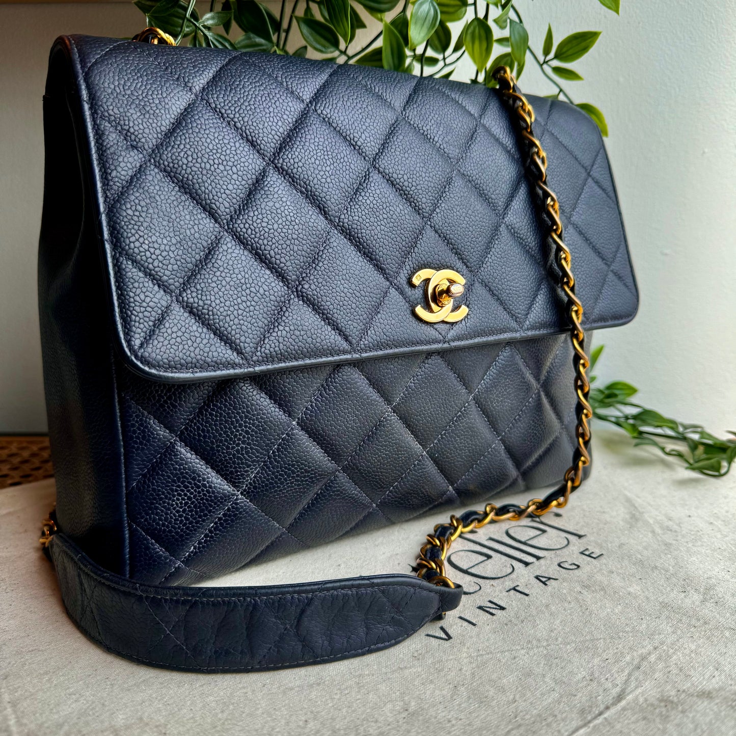 Chanel 1994 Navy Caviar Leather Large Square Single Flap