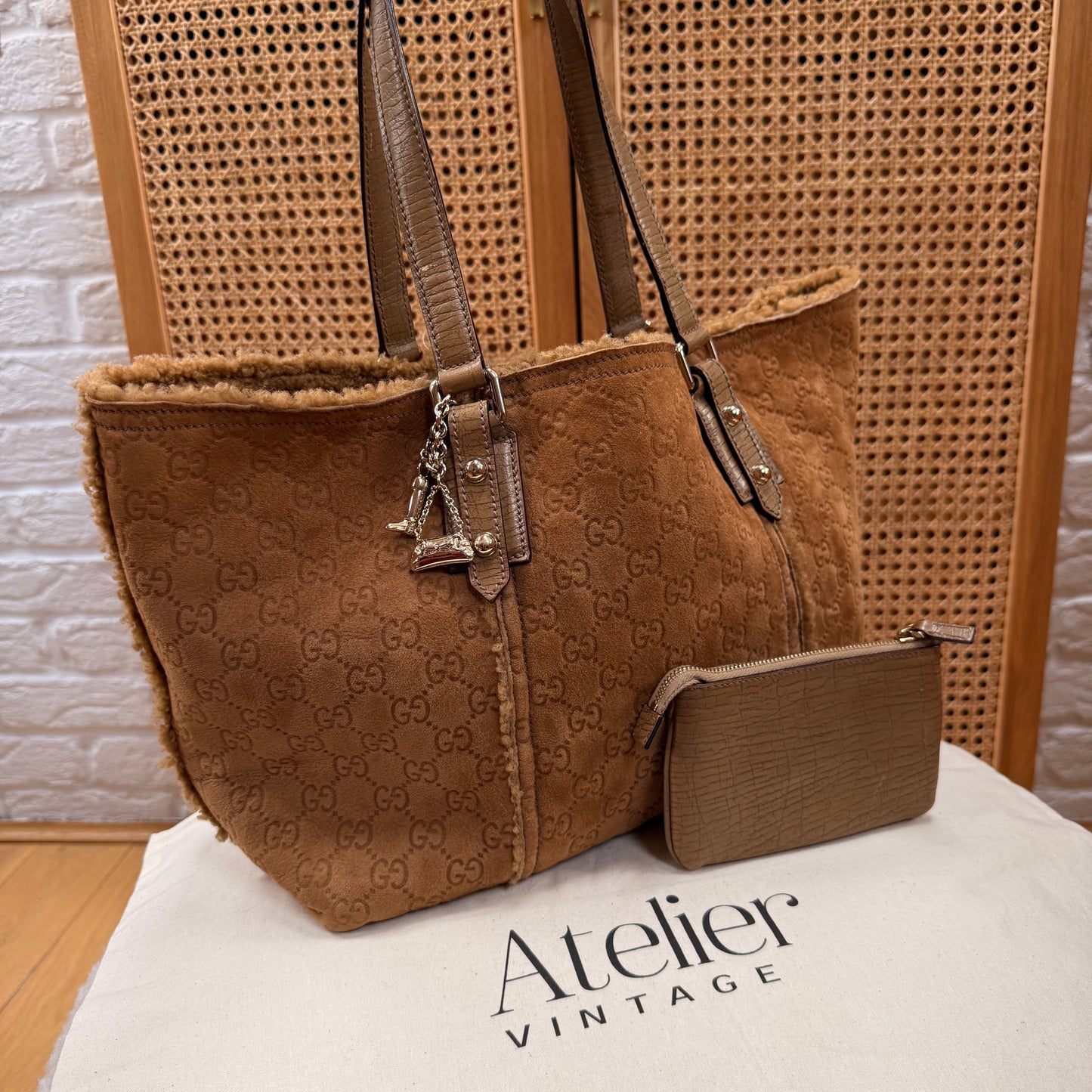 Gucci 2004 GG Monogram Sheepskin Shearling Iconic Charm Tote