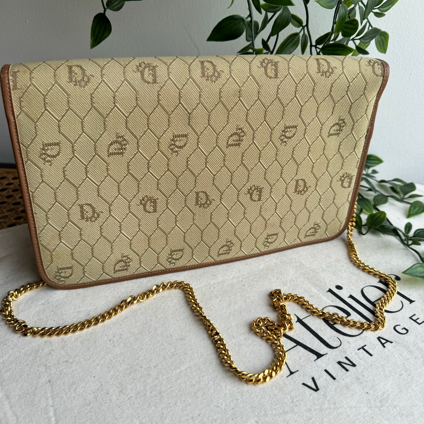 Dior 1980s Beige Honeycomb Two Way Chain Strap Bag