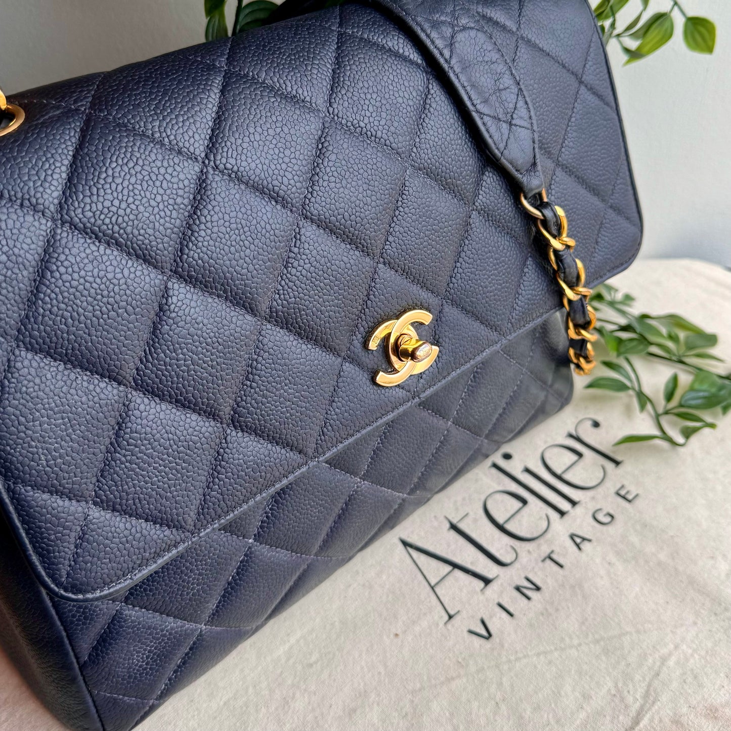Chanel 1994 Navy Caviar Leather Large Square Single Flap