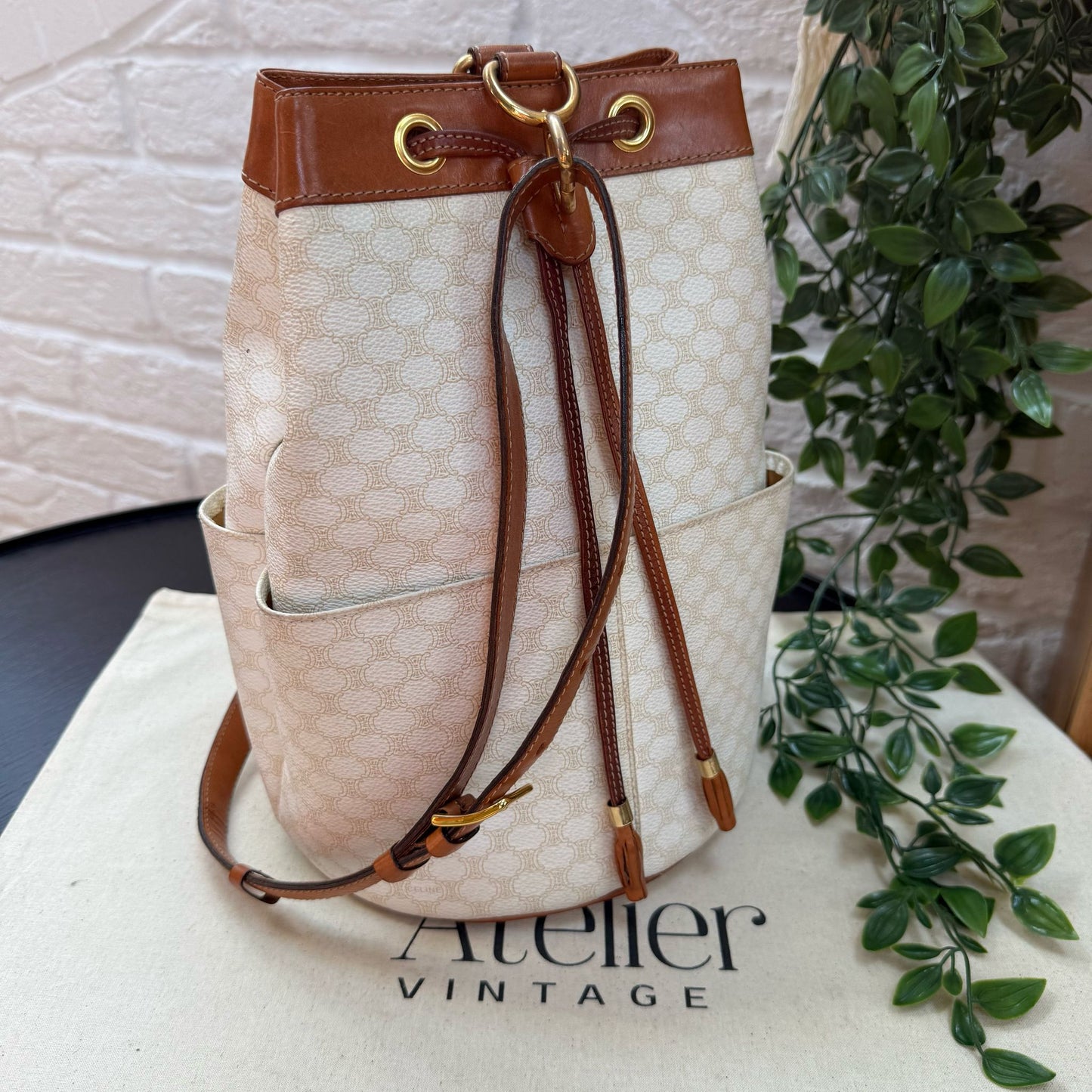 Celine 1990s Beige Macadam Bucket Bag