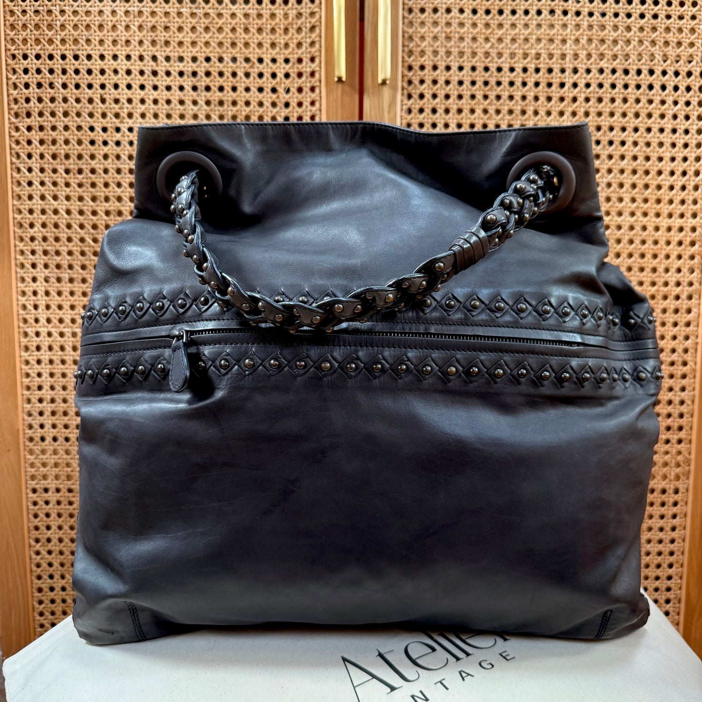 Bottega Veneta 1990s Black Leather Studded Two Way Tote