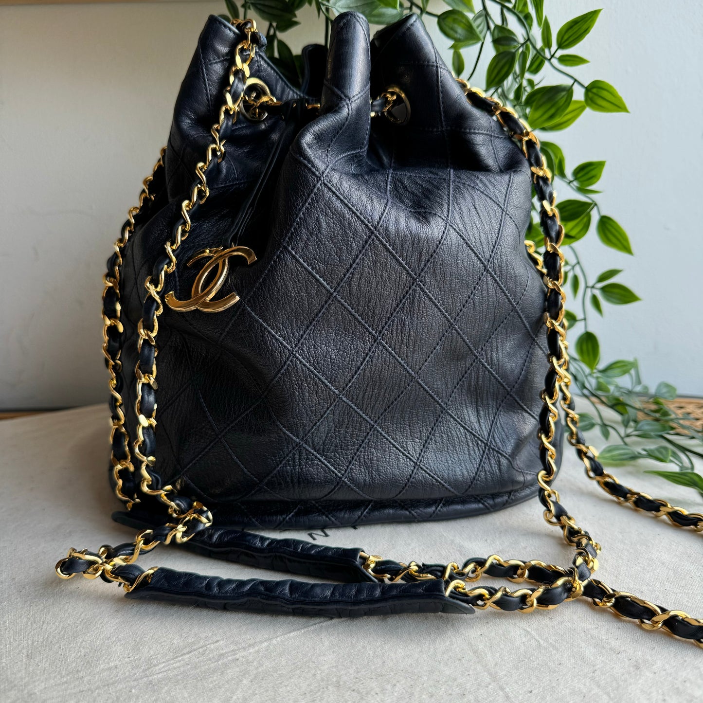 Chanel 1986 Navy CC Charm Bucket Bag