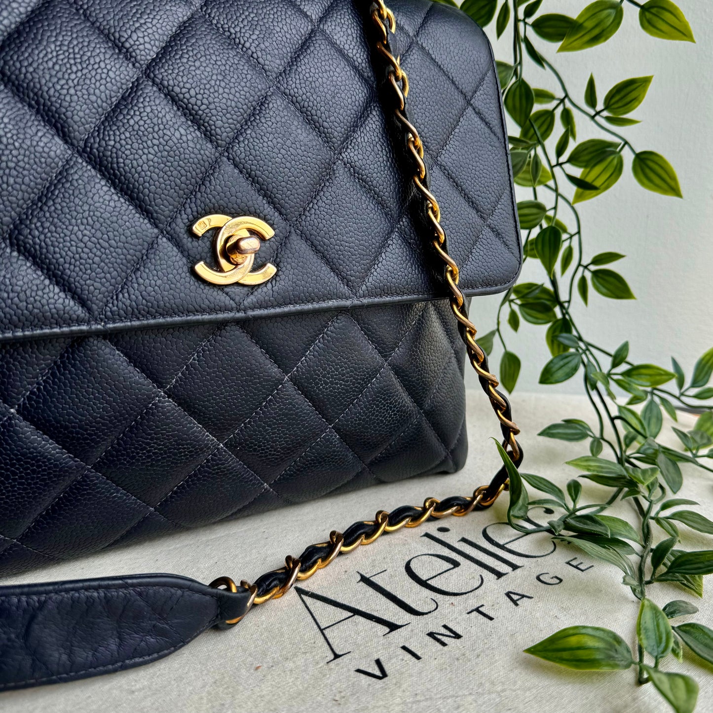 Chanel 1994 Navy Caviar Leather Large Square Single Flap