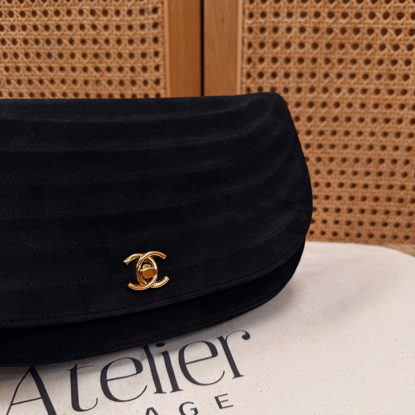 Chanel Rare early 1980s half moon quilted single flap in black suede