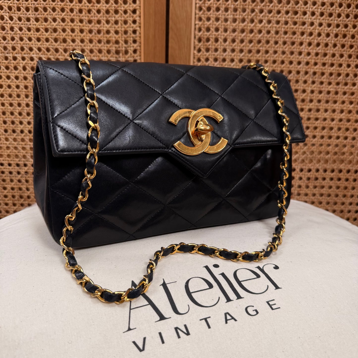 Chanel 1986 Black Limited Edition Jumbo CC Diamond Quilted Single Flap