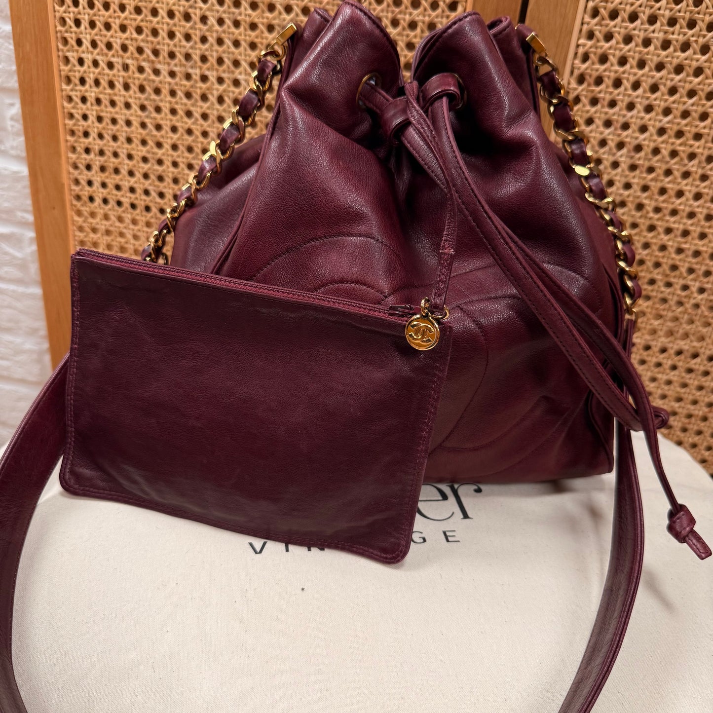 Chanel 1993 Rare Bordeaux Bucket Bag with Pouch