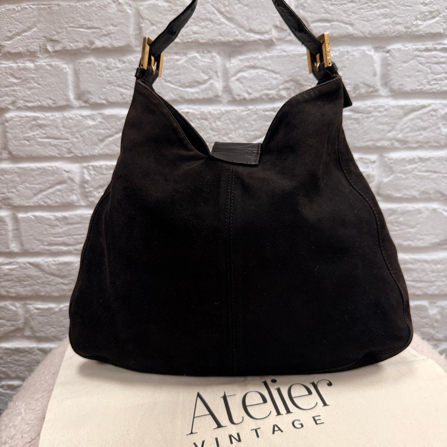 Fendi Rare Fendi Baguette Cross Body Tote in black suede with limited edition enamel closure