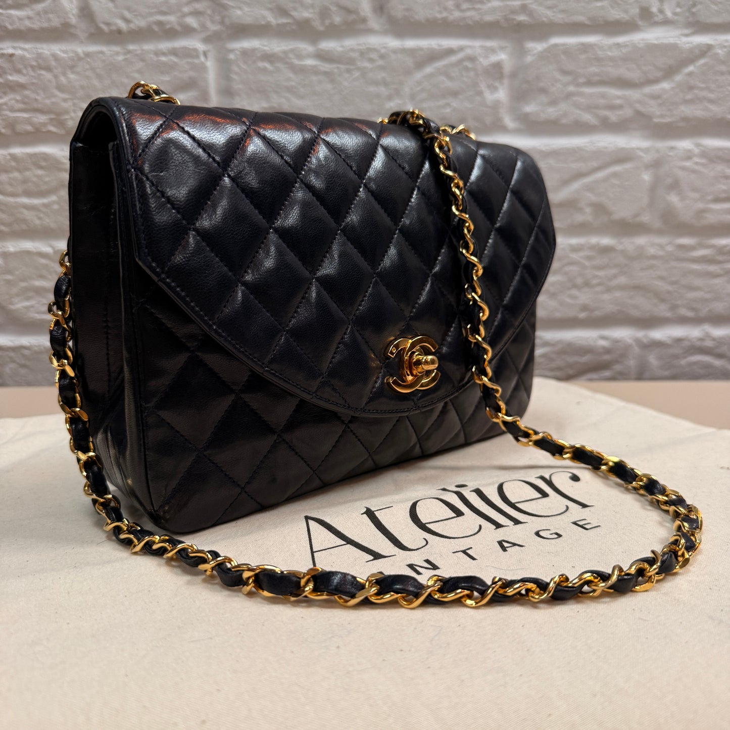 Chanel 1986 Rare Navy Lambskin Half Moon Single Flap with 24k Gold Hardware