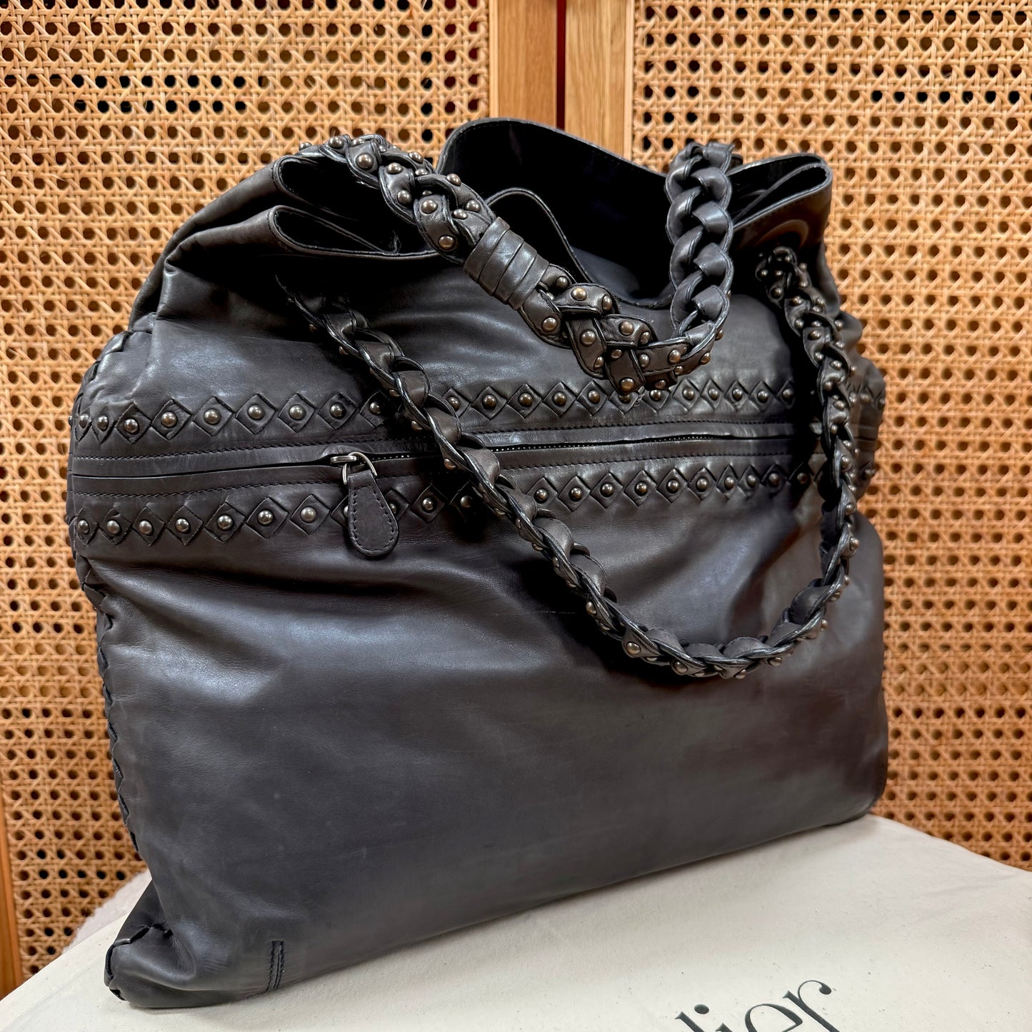 Bottega Veneta 1990s Black Leather Studded Two Way Tote