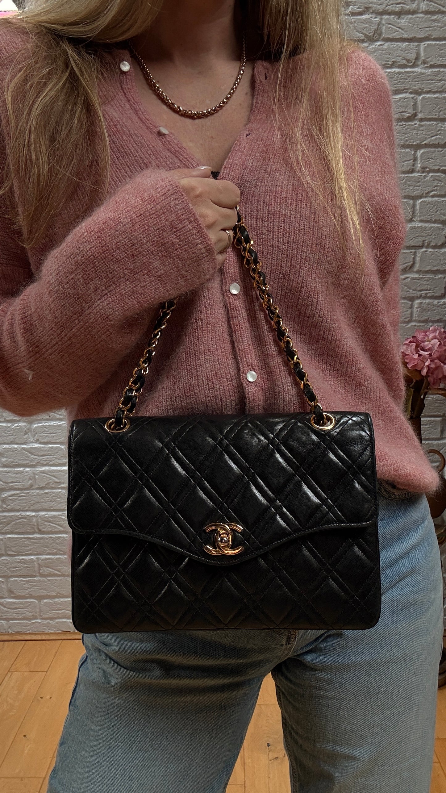 Chanel Early 1980s Rare Chanel Double Diamond Quilted Two Way Single Flap in black