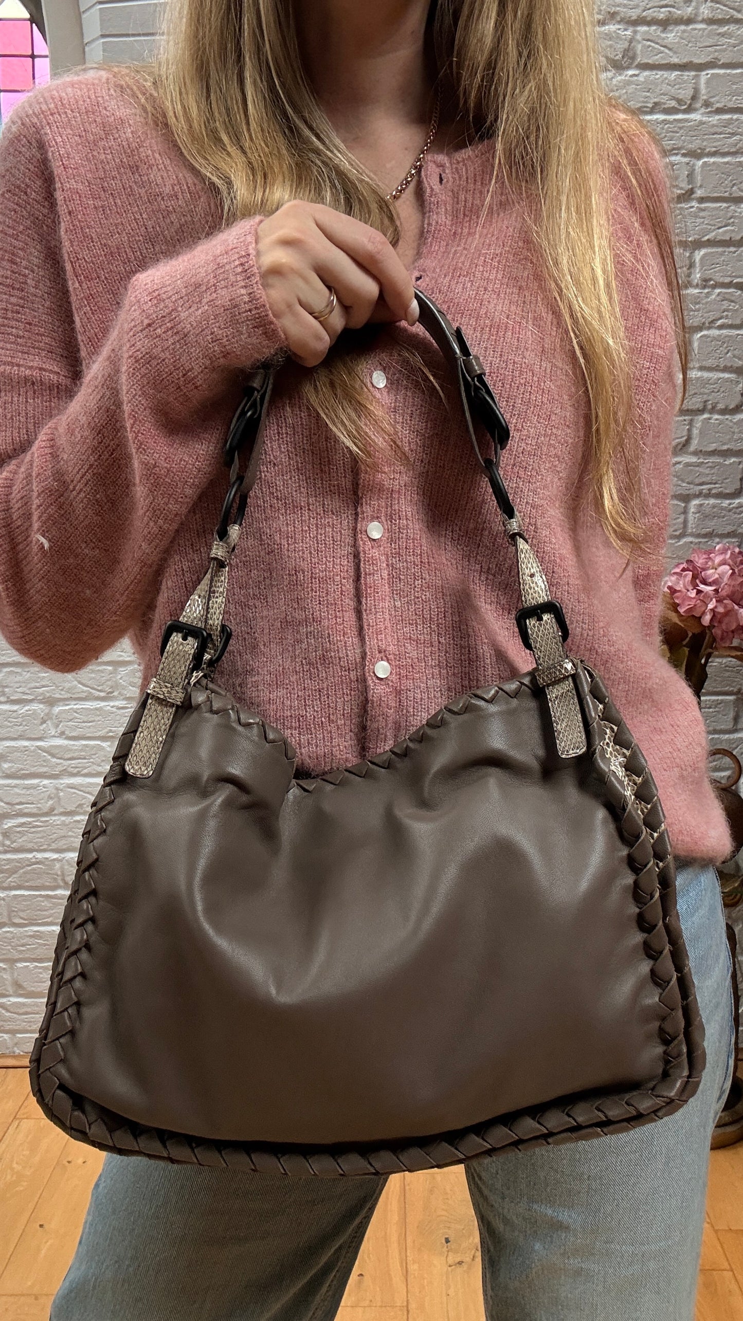 Bottega Veneta 1990s Bottega Veneta Taupe & Beige Lizard Leather Tote